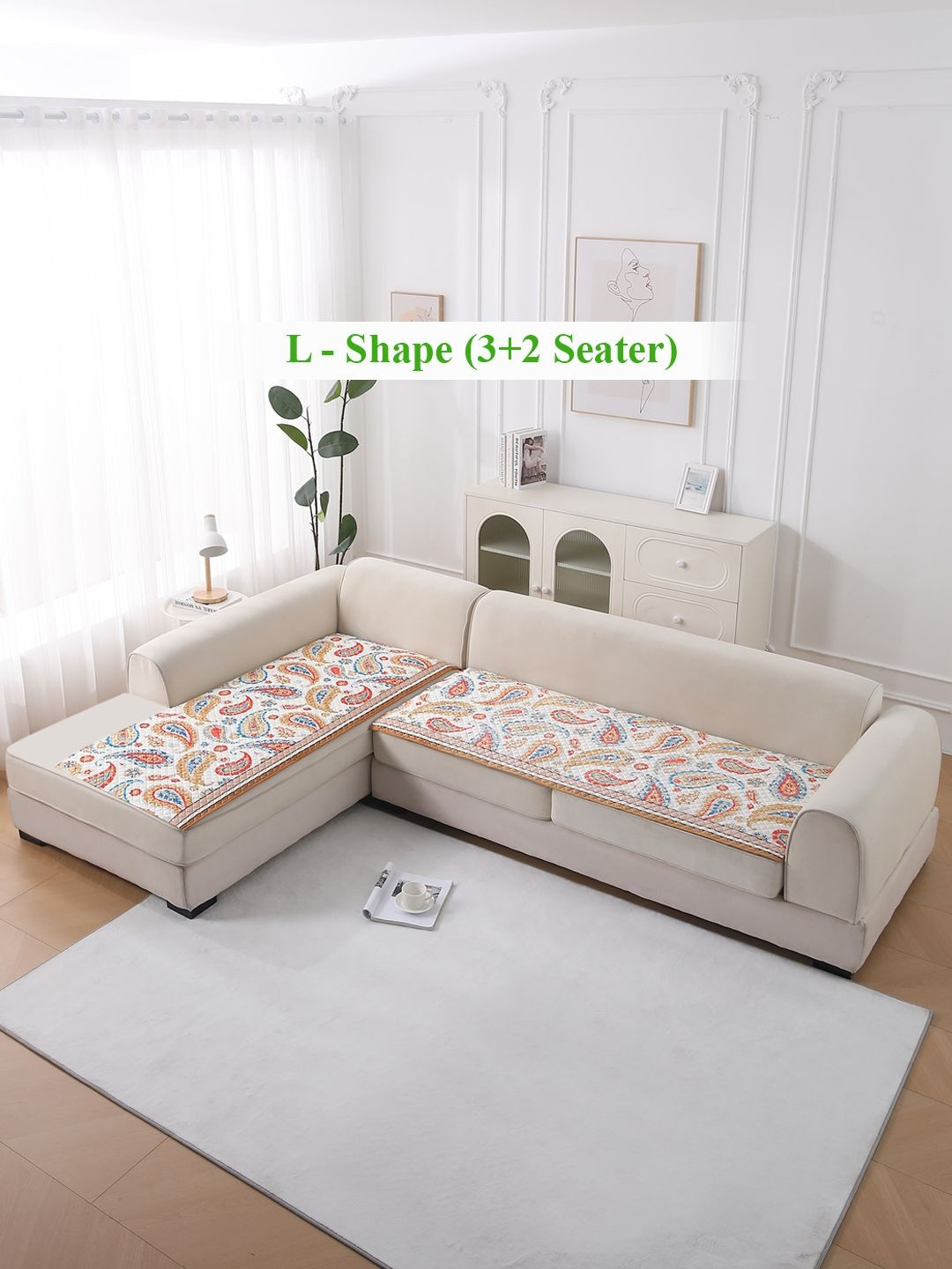 HOKIPO LiefNest White & Blue Printed Holland Velvet Sofa Mat 5 Seater with Foam Filling