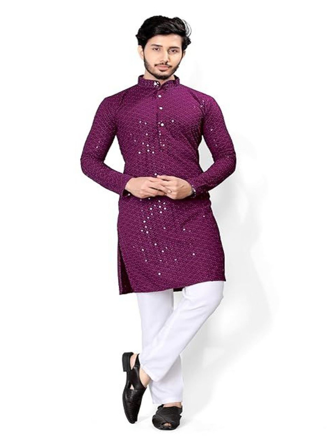 peakfashion Round Neck Flared Sleeves Mirror Work Straight Kurta