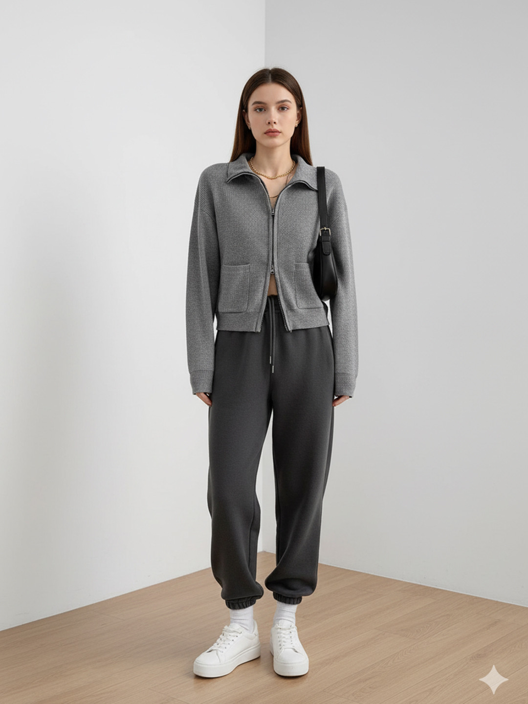 HERE&NOW Women Solid Shirt Collar Zip Grey Pullover