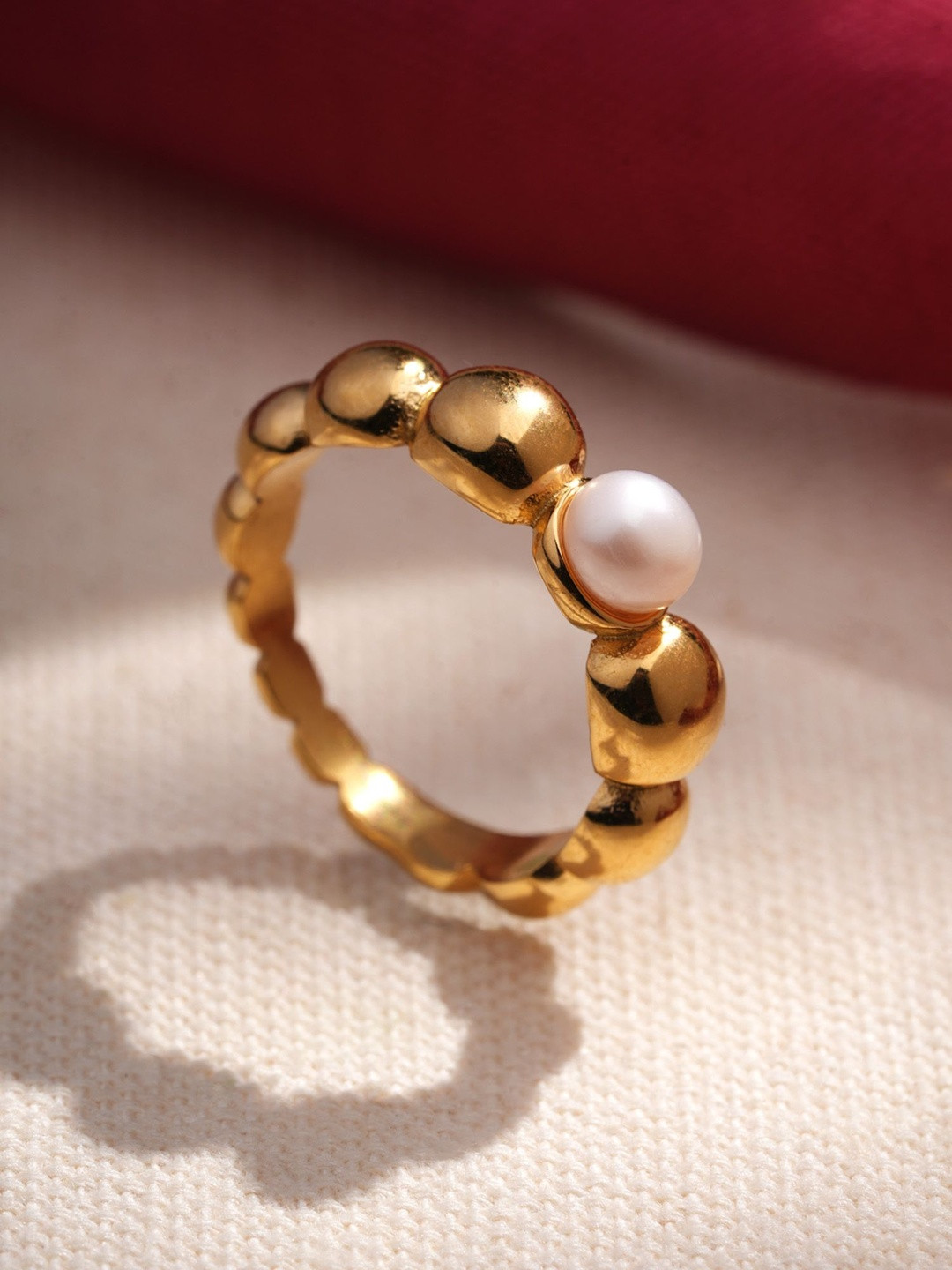 PALMONAS 18KT Gold Plated Stainless Steel Bubble Pearls Beaded Anti-Tarnish Finger Ring