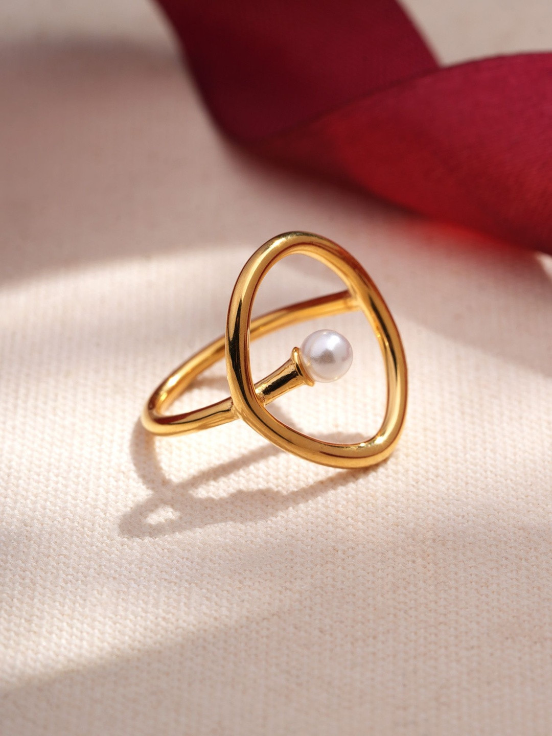 PALMONAS 18KT Gold Plated Stainless Steel Criss-Cross Pearls Beaded Anti-Tarnish Ring