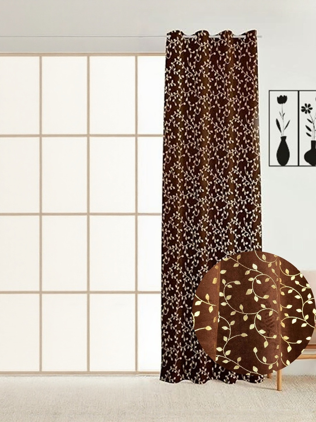 GEET CREATIONS Brown Floral Fade Resistant Velvet Room Darkening Long Door Curtain