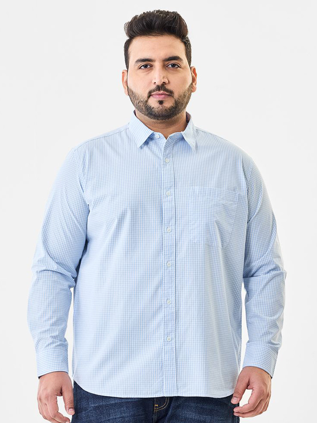 Snitch Plus Size Micro Checked Spread Collar Pure Cotton Casual Shirt