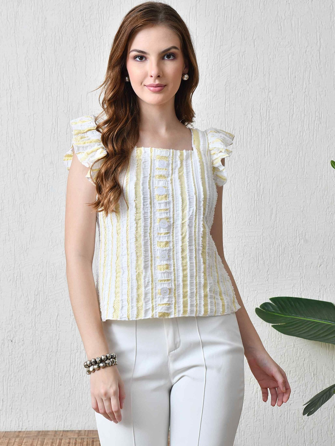 YANAMORA Women Striped Flutter Sleeve Cotton Top