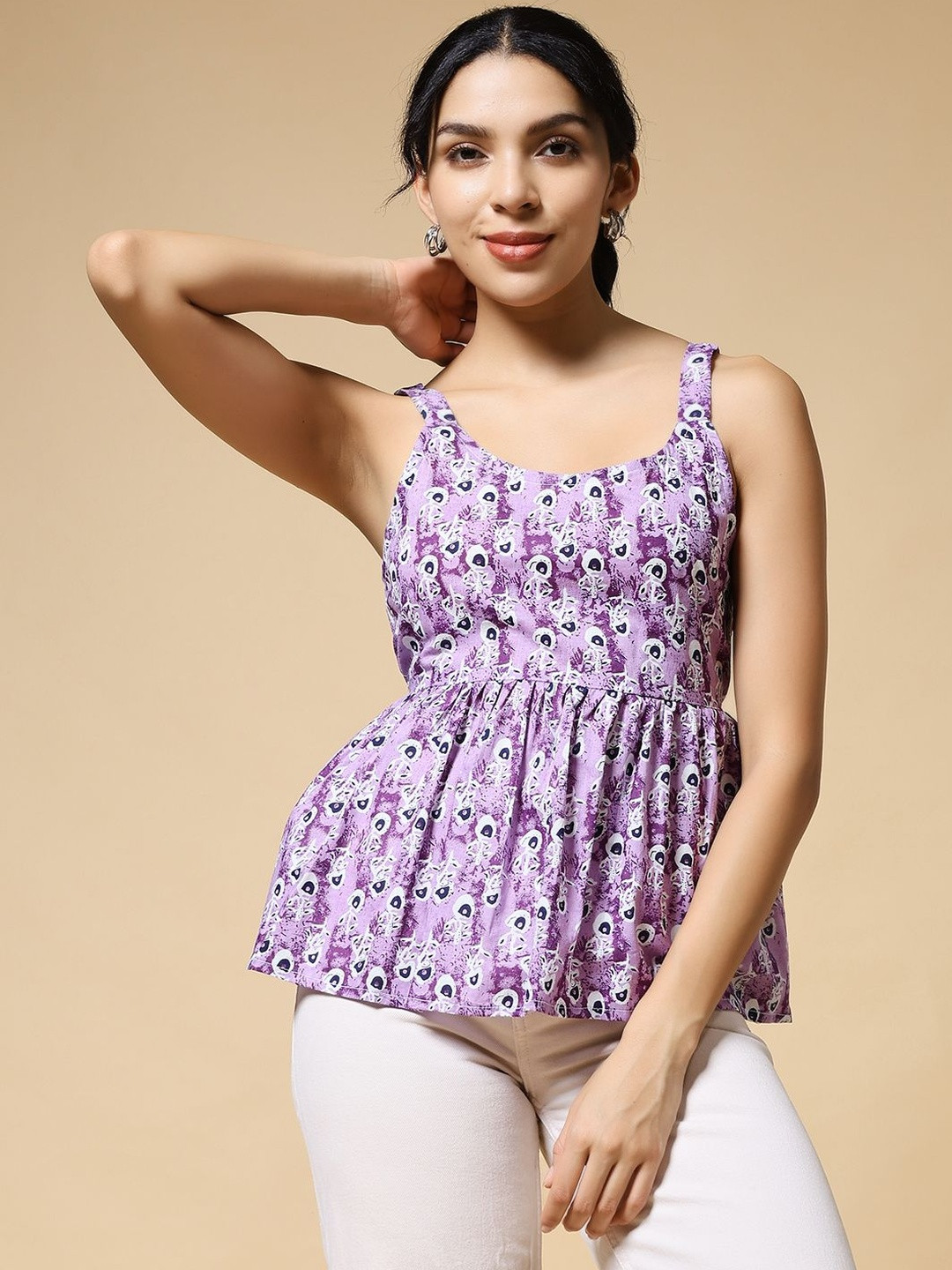 SZN Women Floral Print Round Neck Sleeveless Cotton Peplum Top
