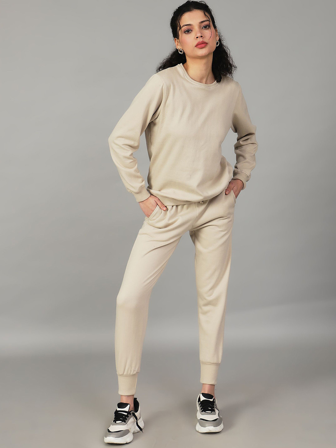 UnaOne Women Solid Round Neck Cotton Fleece Sweatshirt and Trackpant Track Suits