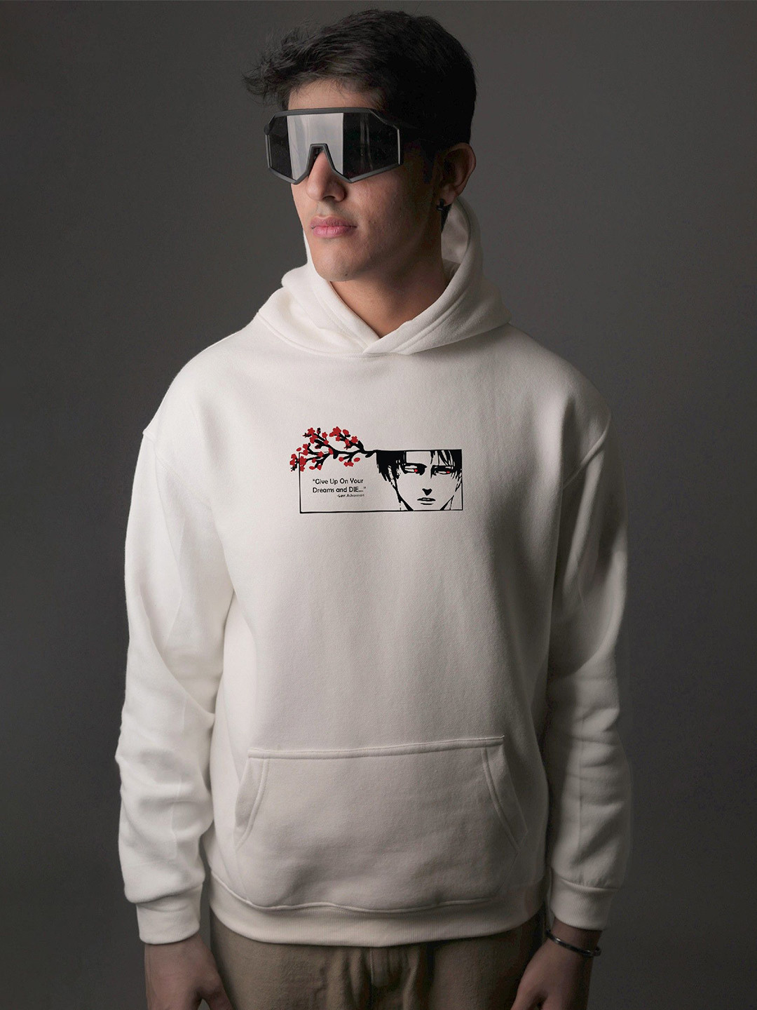 WHITE HUSK Levi Ackerman Attack on titan Anime Printed Cotton Oversized Hooded Sweatshirt