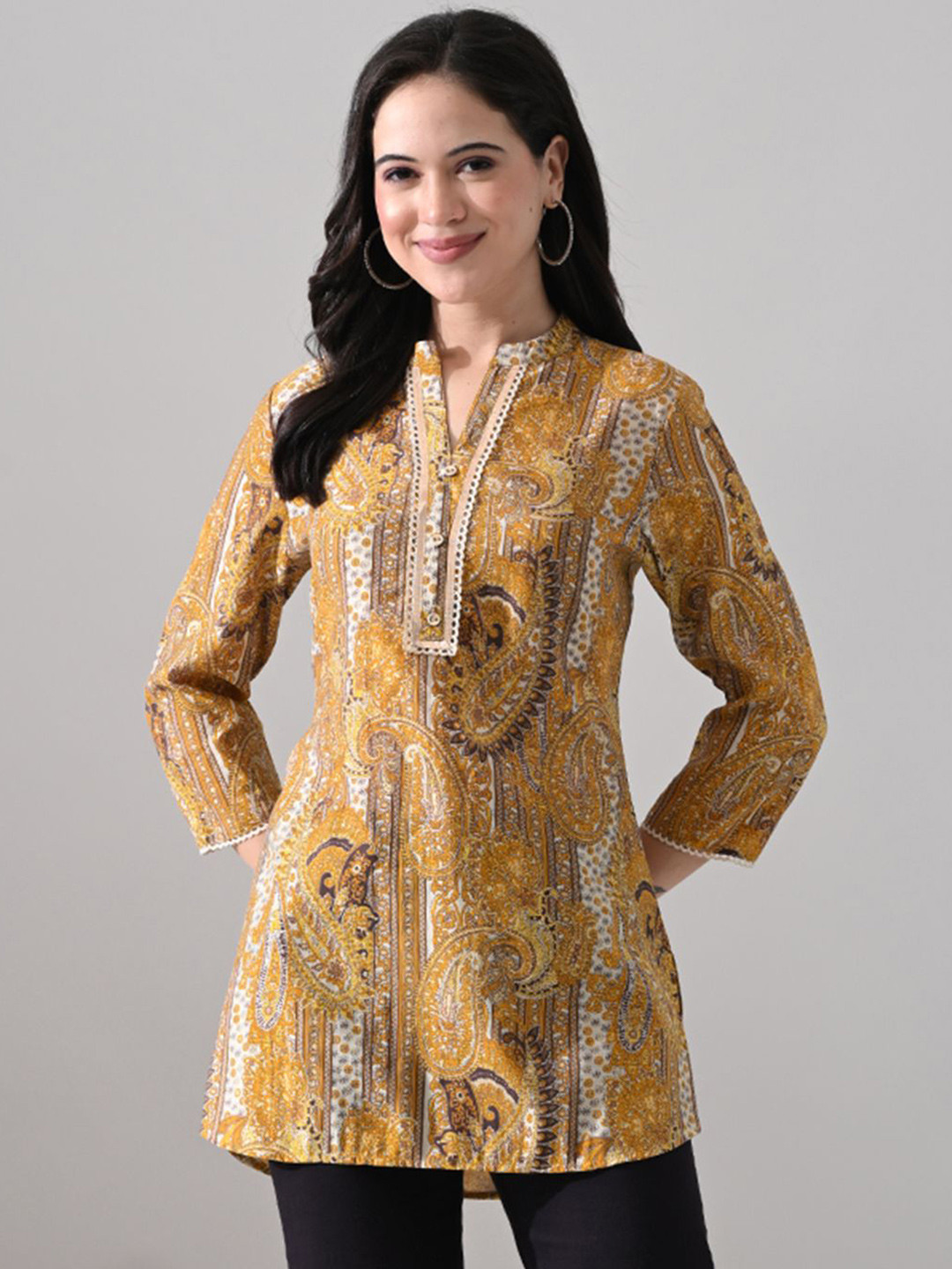 MEESAN Women Paisley Printed Mandarin Collar Button Tunic