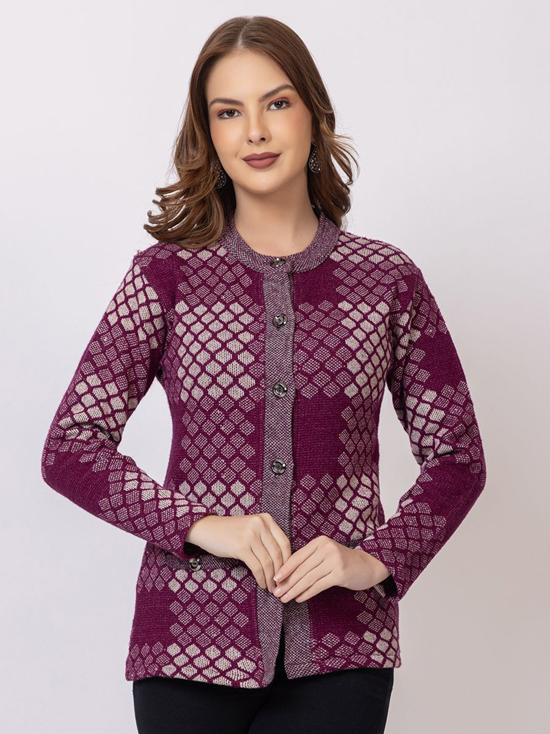 PYRO SPIRIT Women Self Design  Geometric Round Neck Long Sleeves Cardigan