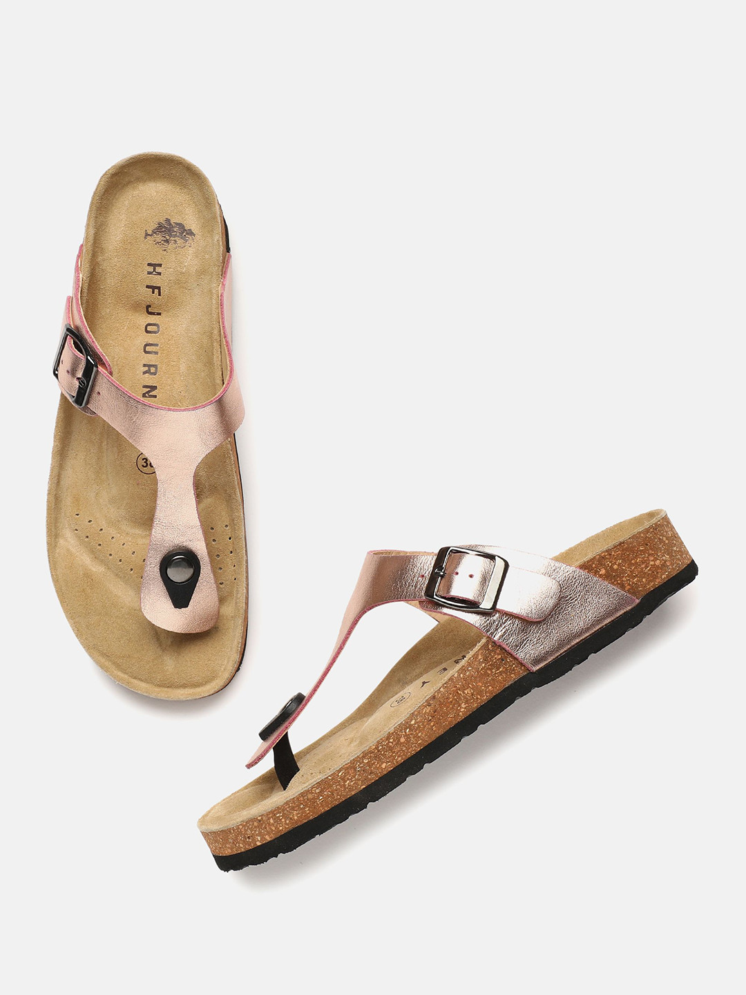 HF JOURNEY Women Leather T-Strap Flats with Buckles