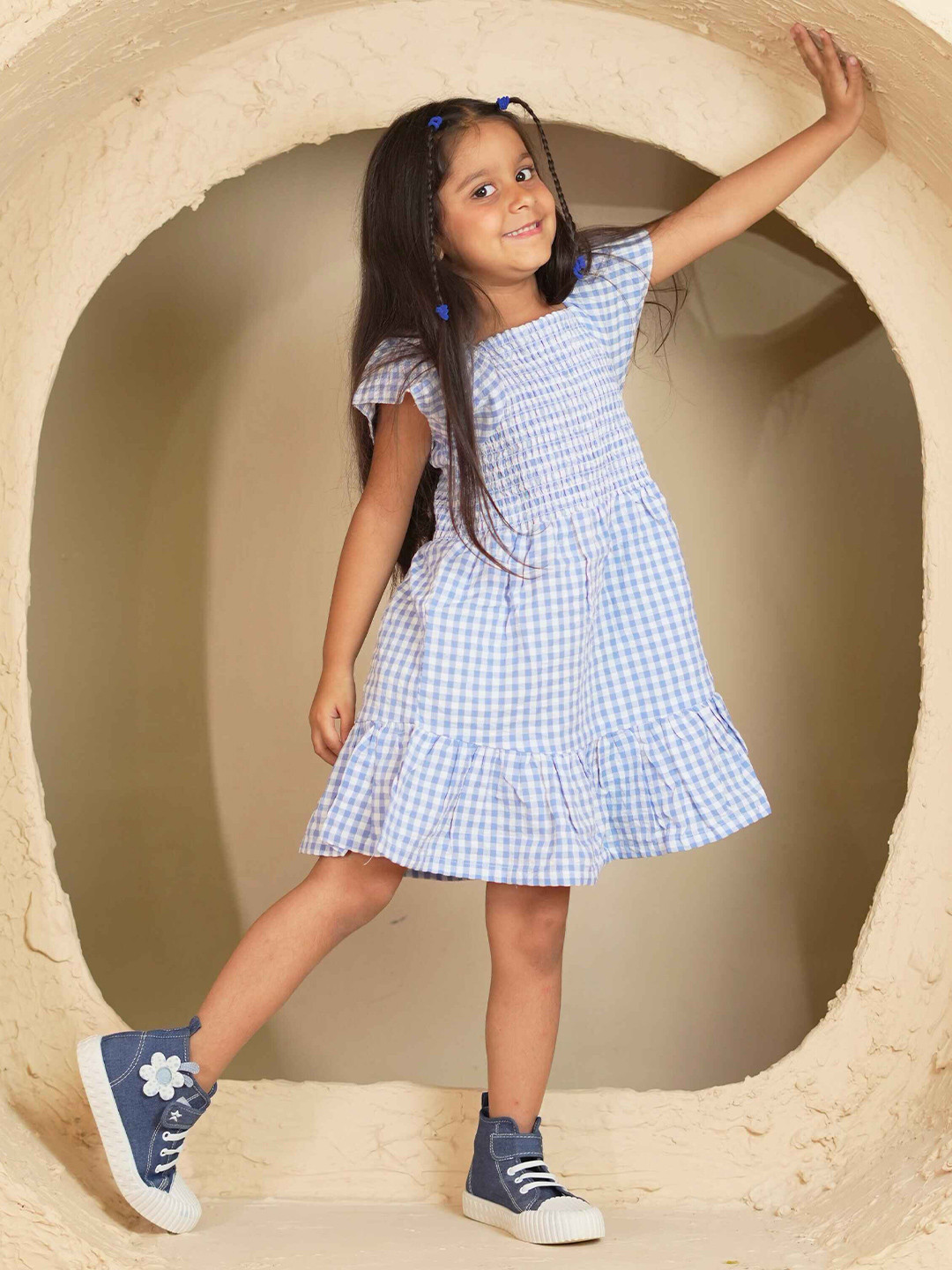 Puddle Fashion Girls Checked Flutter Sleeve Tiered A-Line Dress
