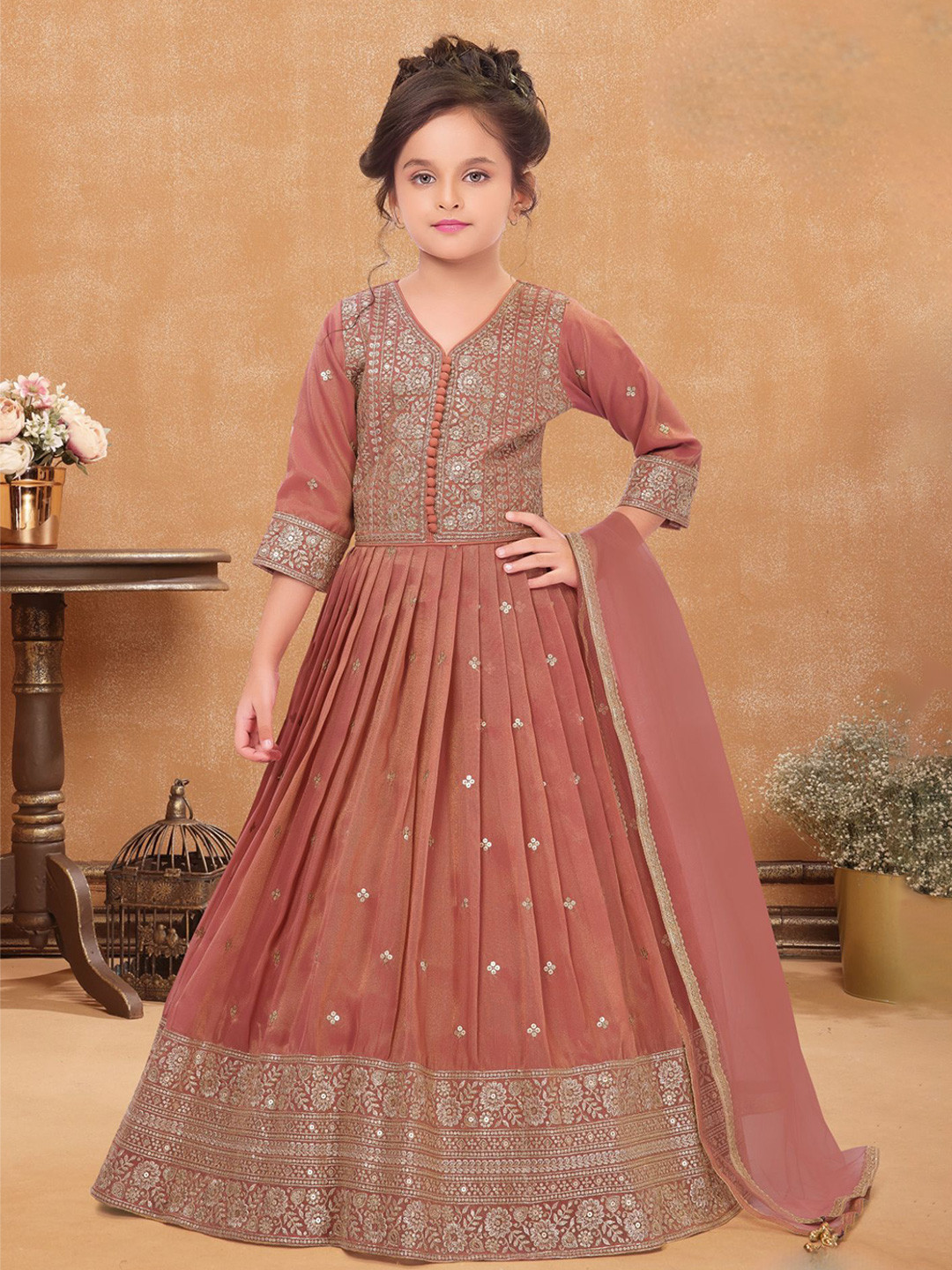 Lagorii Girls Ethnic Motifs Embroidered Sequined Long Ethnic Gown with Dupatta