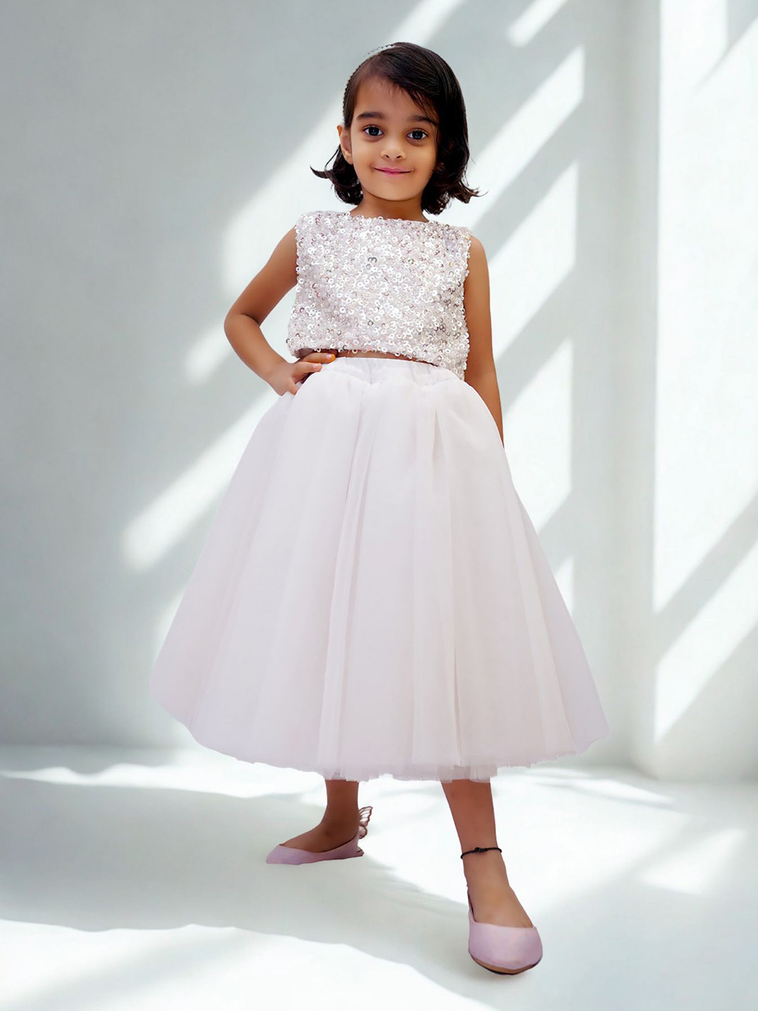 PAKHIRA Girls Embellished Sequinned Net Fit & Flare Dress