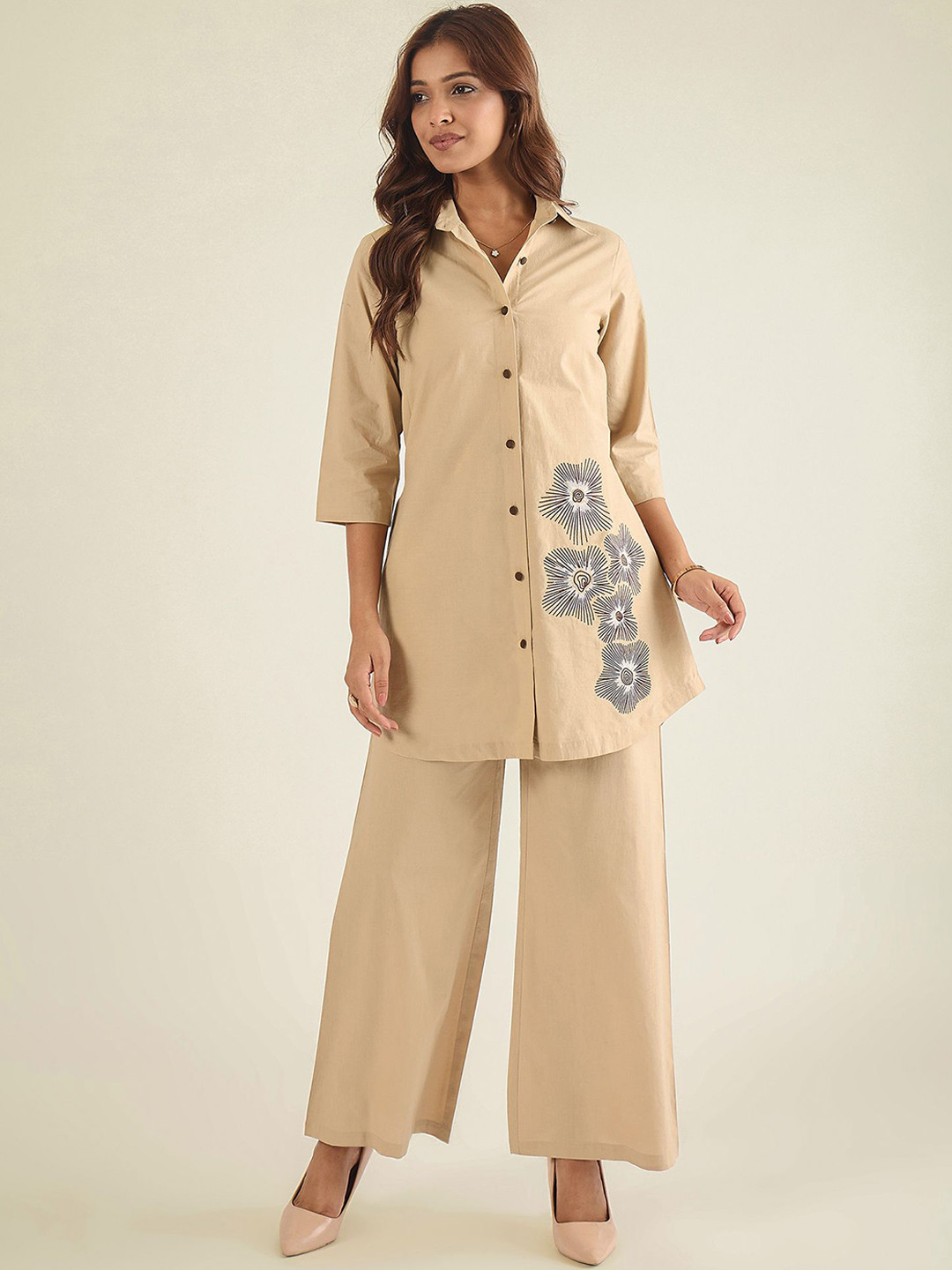WineRed Embroidered Three-Quarter Sleeves Pure Cotton Shirt With Trouser