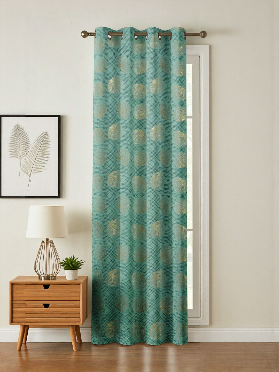 GEET CREATIONS Blue & Gold Single Floral Printed Room Darkening Velvet Window Curtain