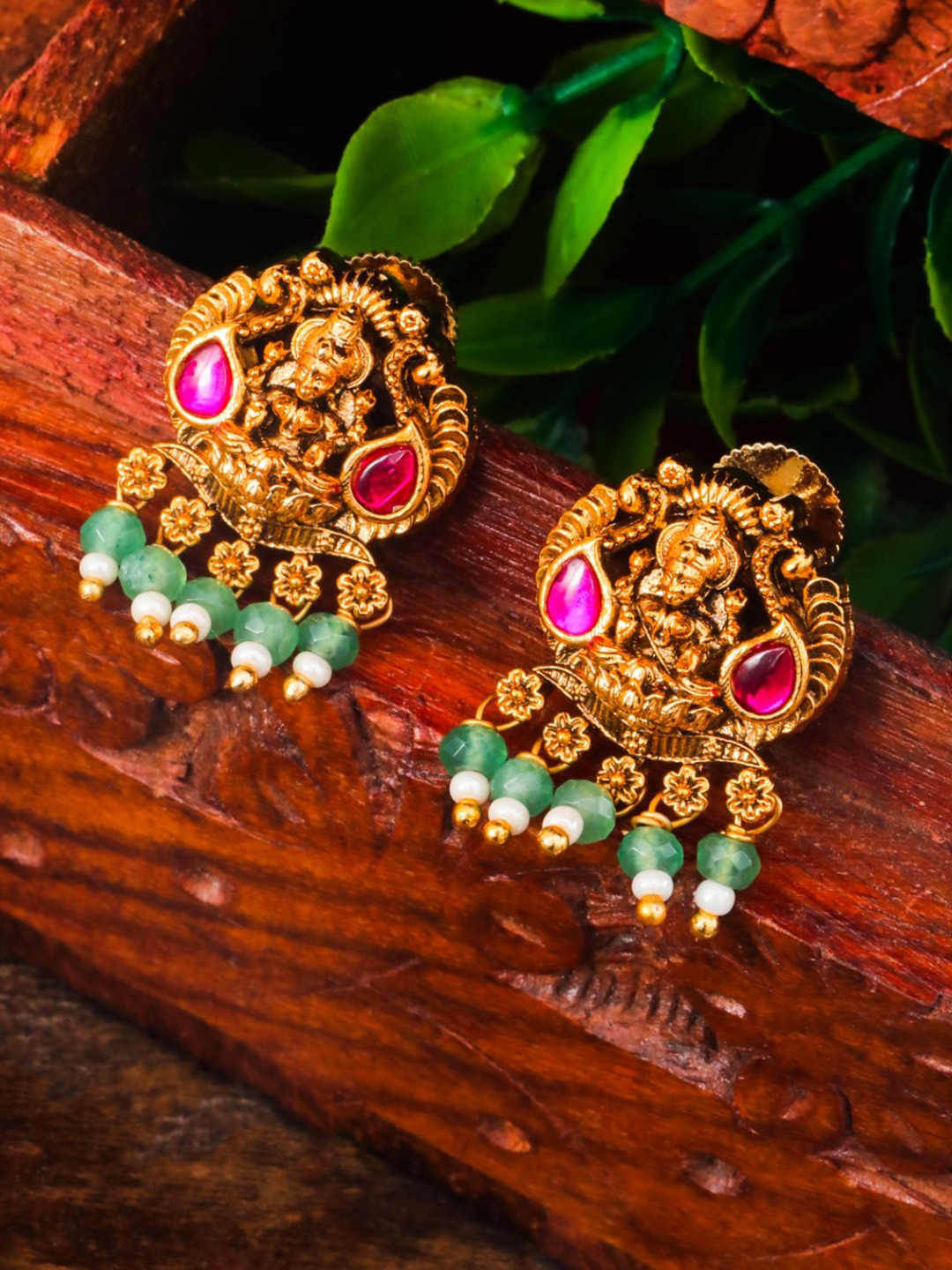 South Temple Jewellery Gold-Plated Stones Studded Temple Teardrop Shaped Drop Earrings