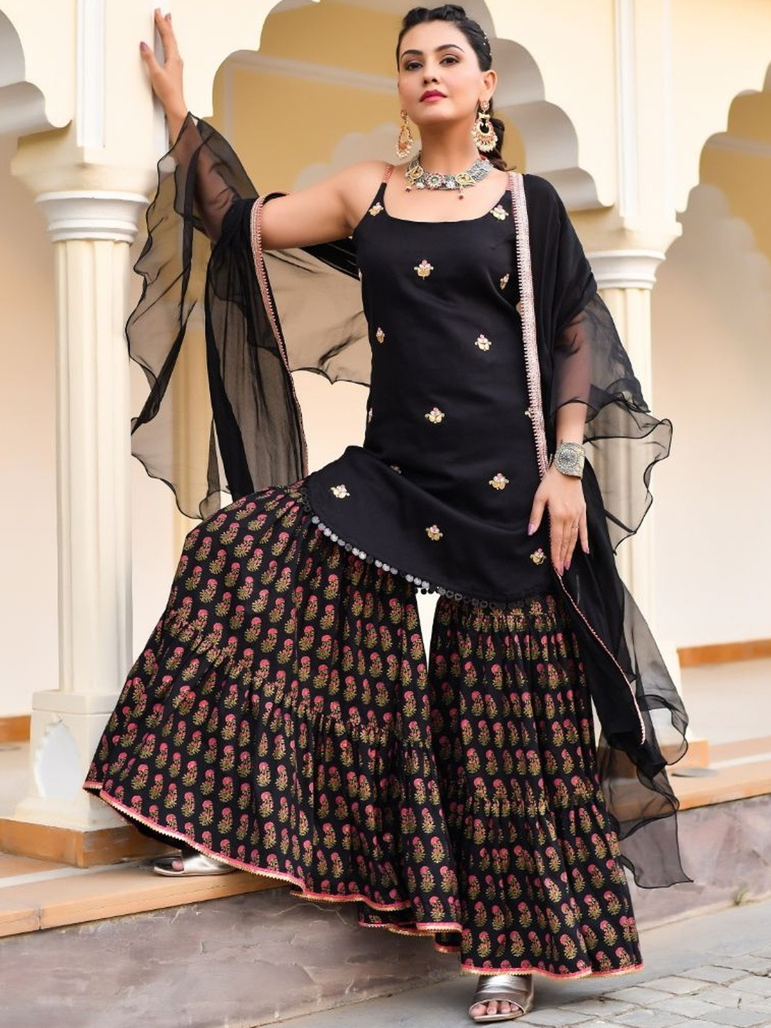 Anastay Clothing Women Kurta with Printed Sharara & Ruffled Black Dupatta