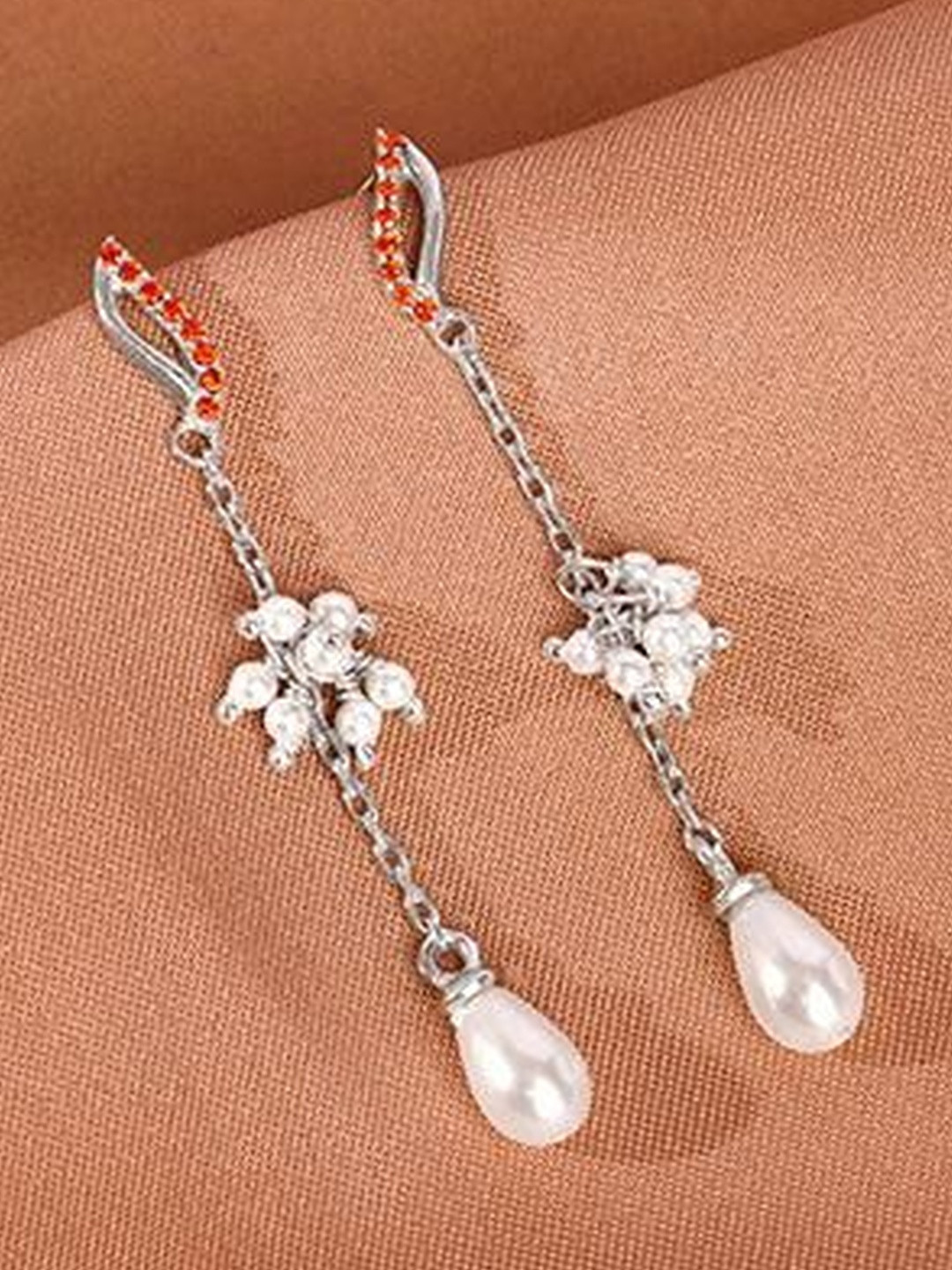 GIVA 925 Sterling Silver Rhodium-Plated Leaf Shaped Stone Studded & Pearls Drop Earrings