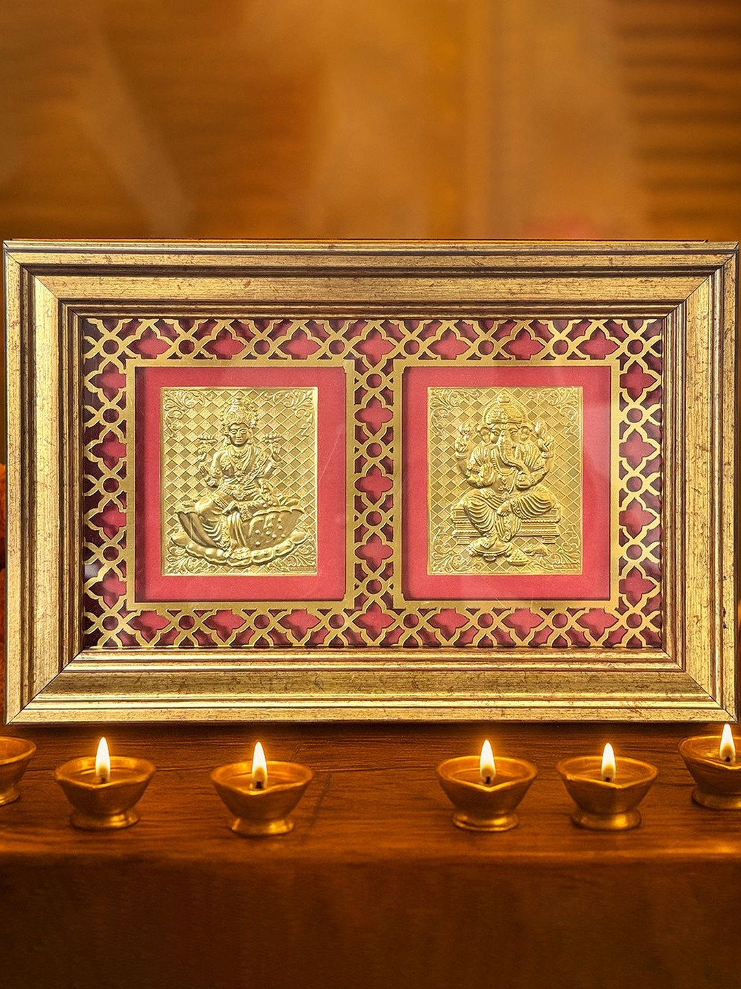 Art Street Gold Toned And Pink Self Design Lakshmi & Ganesh Photo Frame