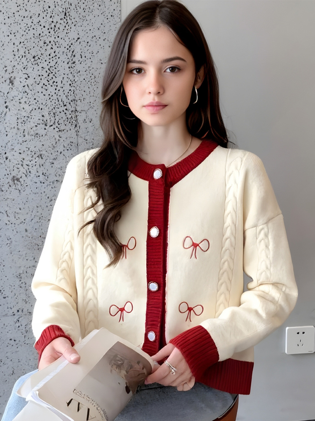 HERE&NOW Abstract Printed Collarless Long Sleeves Open Front Cardigan