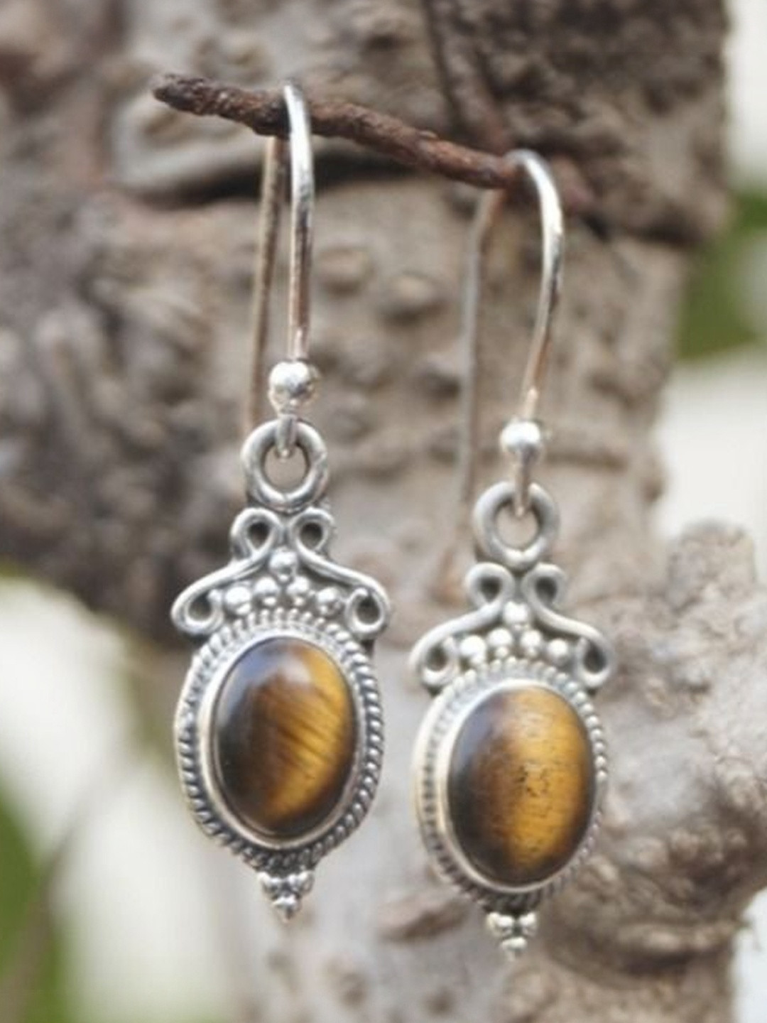 FUSIONARI Oval Tigers Eye 925 Sterling Silver Drop Earrings