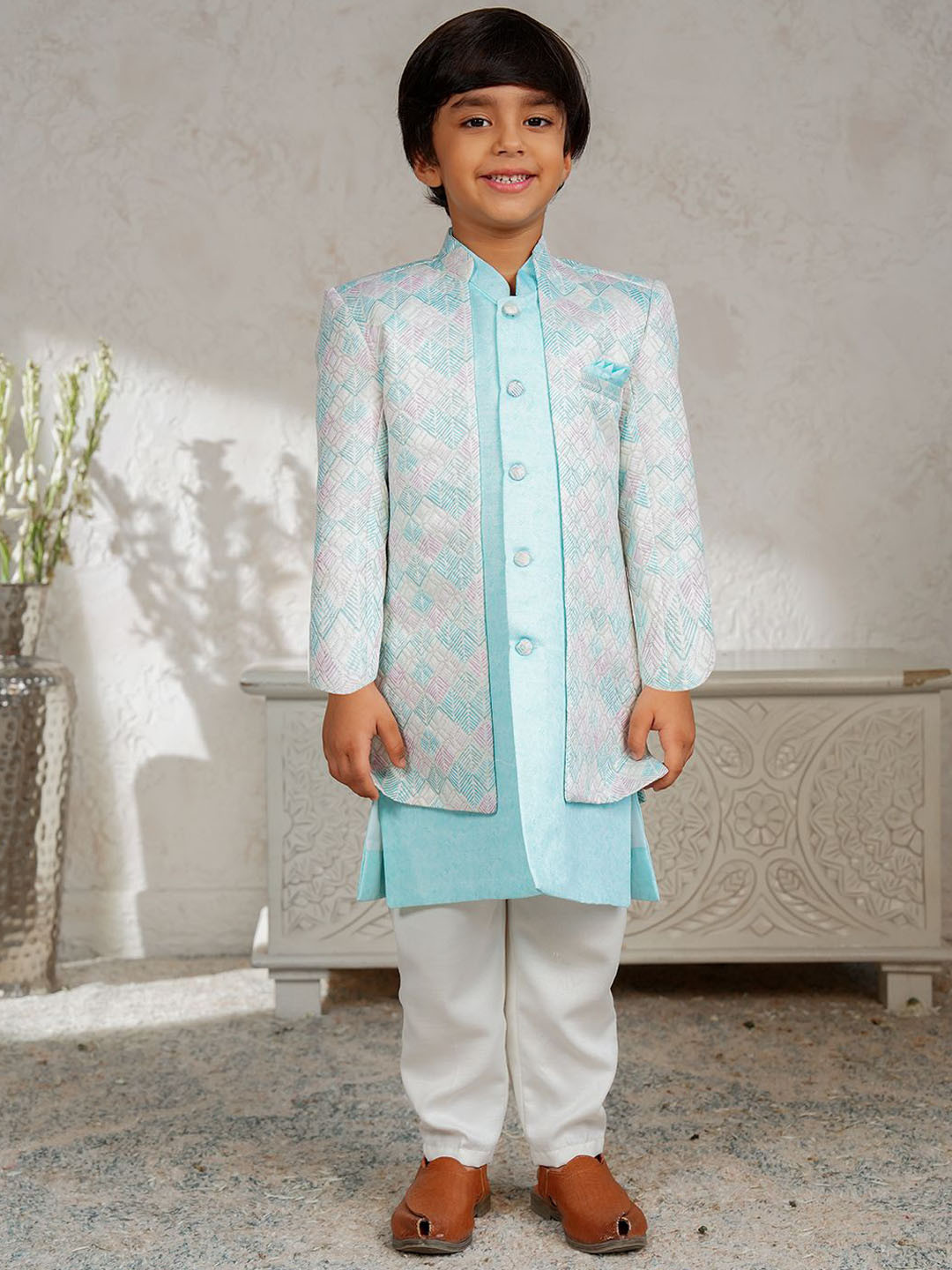Aj DEZInES Boys Sky Blue Jacquard Full Sleeves Rich Embroidery Sherwani