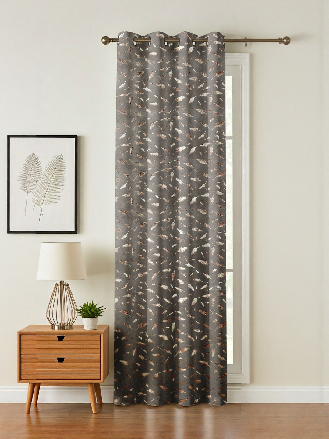 GEET CREATIONS Grey And Gold-Toned Printed Room Darkening Velvet Long Door Curtain