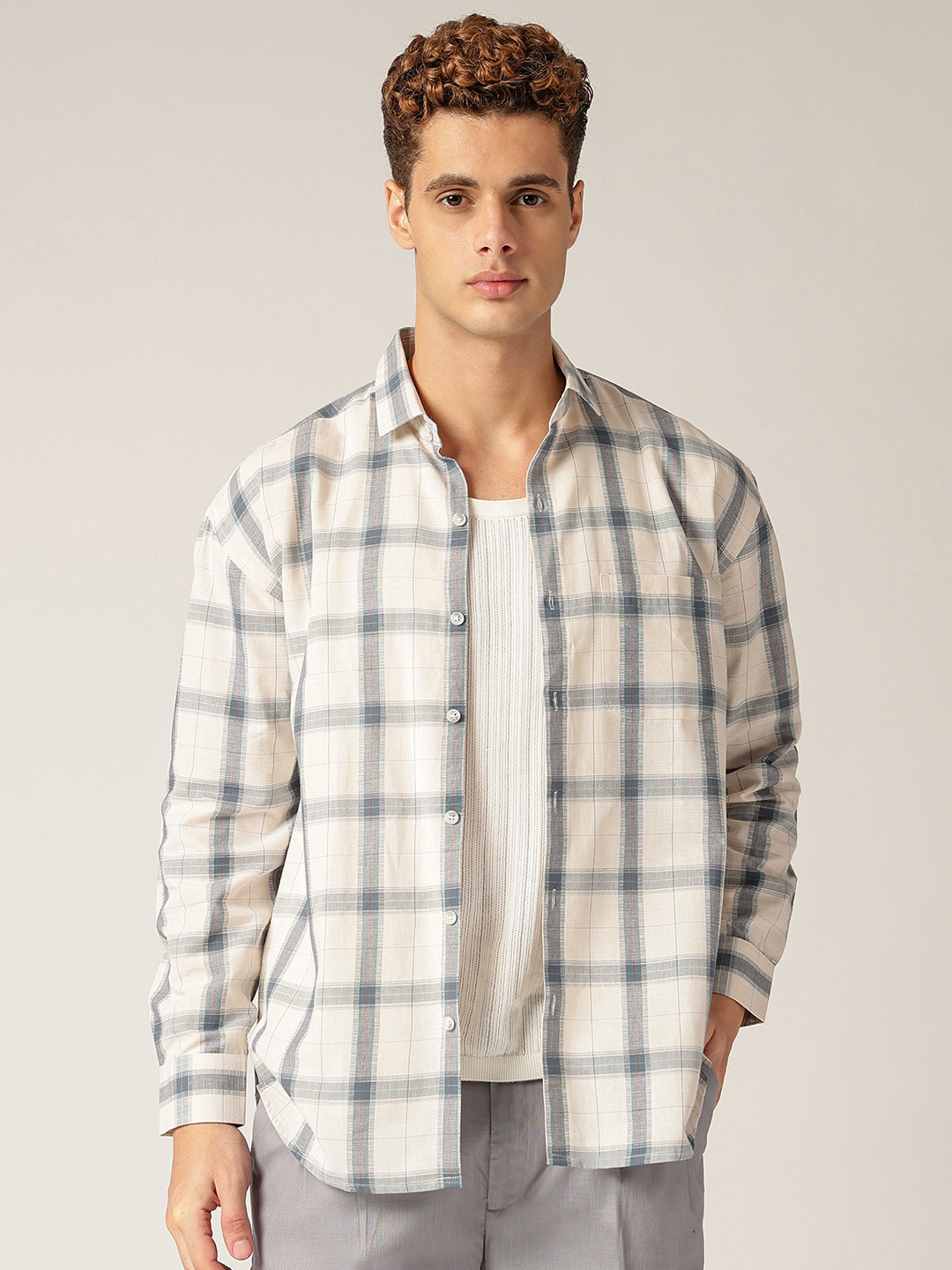 DENNISON Checked Printed Drop-Shoulder Chest Pocket Oversized Cotton Casual Shirts