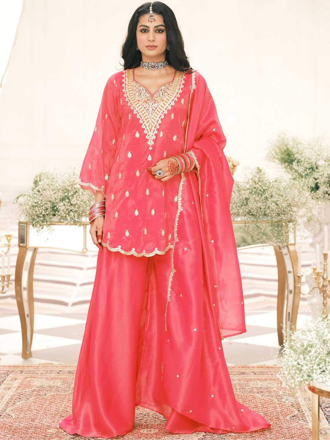 Indo Era Ethnic Motifs Embroidered V-Neck Thread Work Kurta With Palazzos & Dupatta