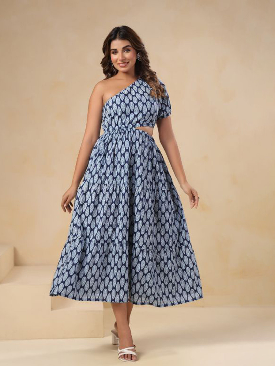 KIROSHAM Women One Shoulder Fit & Flare Midi Dress With Cut-Out Detail