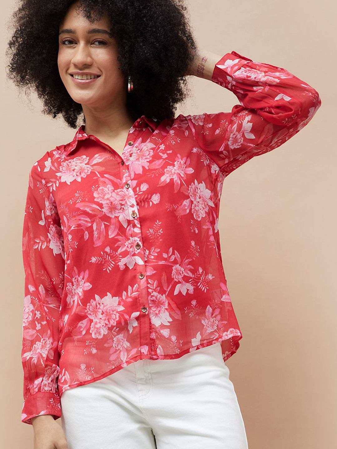 Colour Me by Melange Women Floral Printed Mandarin Collar Long Sleeve Shirt Style Tunic