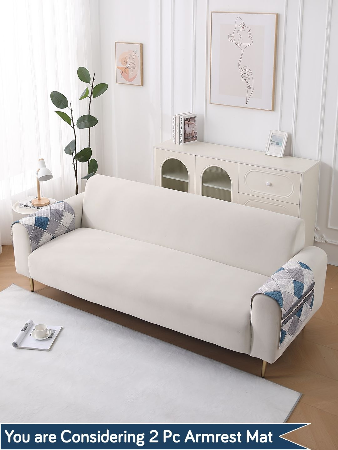 HOKIPO LiefNest Grey 2 Pc Printed Holland Velvet 2 Pc Sofa Arm Cover with Foam Filling