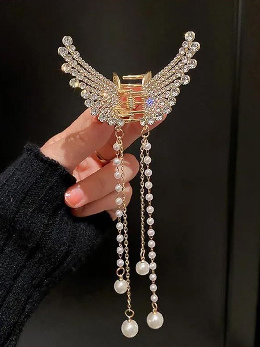 DIVASTRI Women Gold-Toned & White Crystal & Pearl Embellished Butterfly Claw Clip