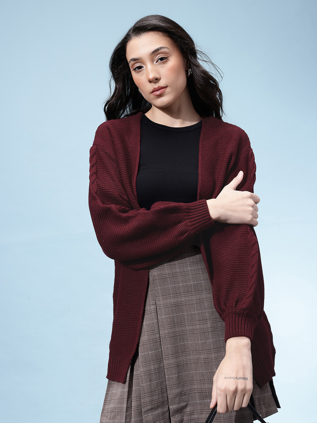glitchez Ribbed Shawl Collar Oversized Front-Open With Cable Knit Detail