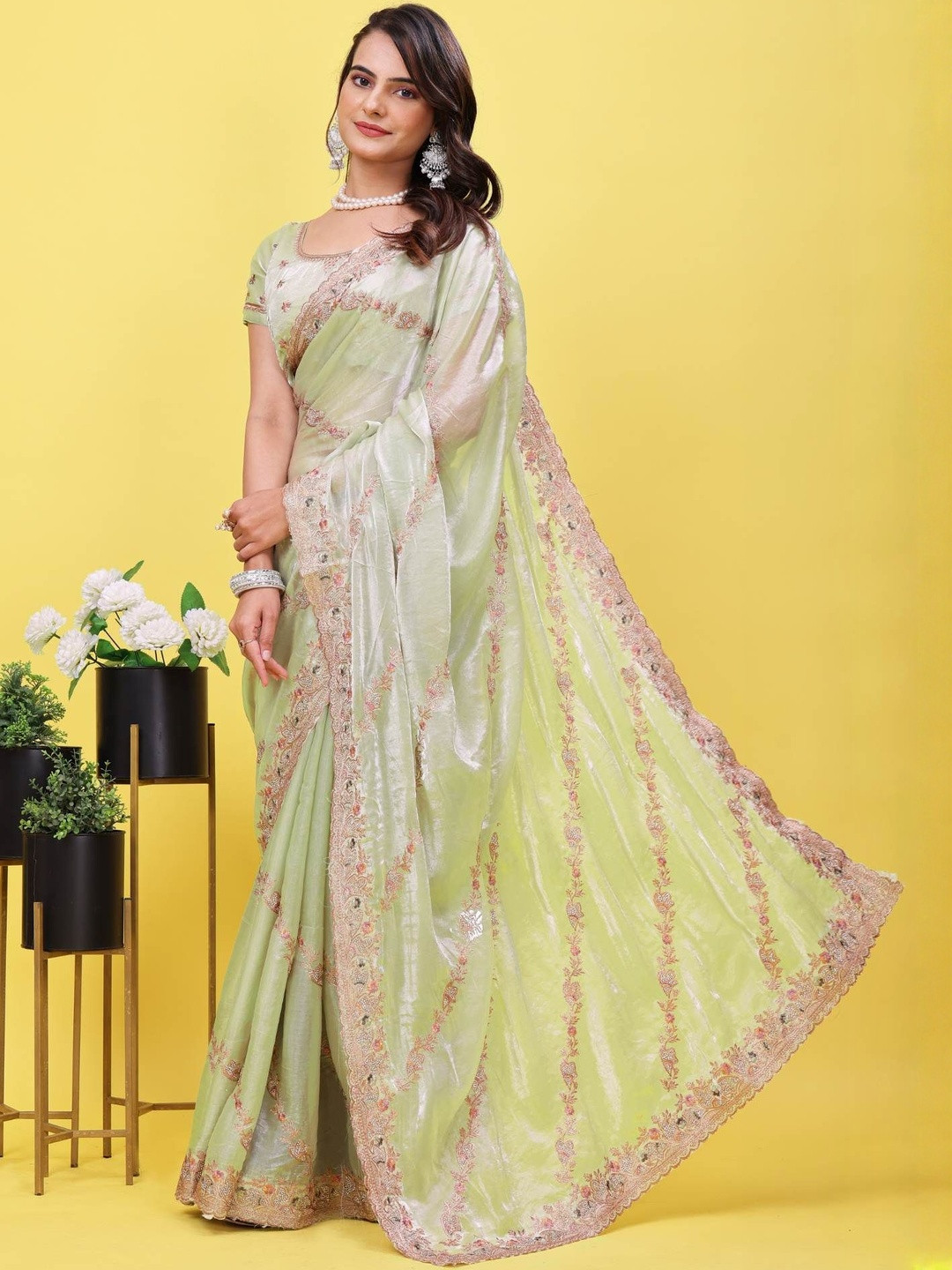 PARROT CREATION Floral Embroidered Satin Heavy Work Saree with Blouse Piece