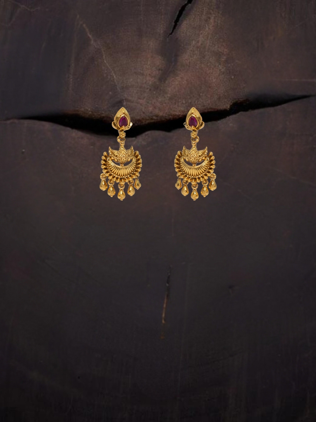 South Temple Jewellery Gold-Plated Stones Studded And Beaded Crescent Shaped Drop Earrings