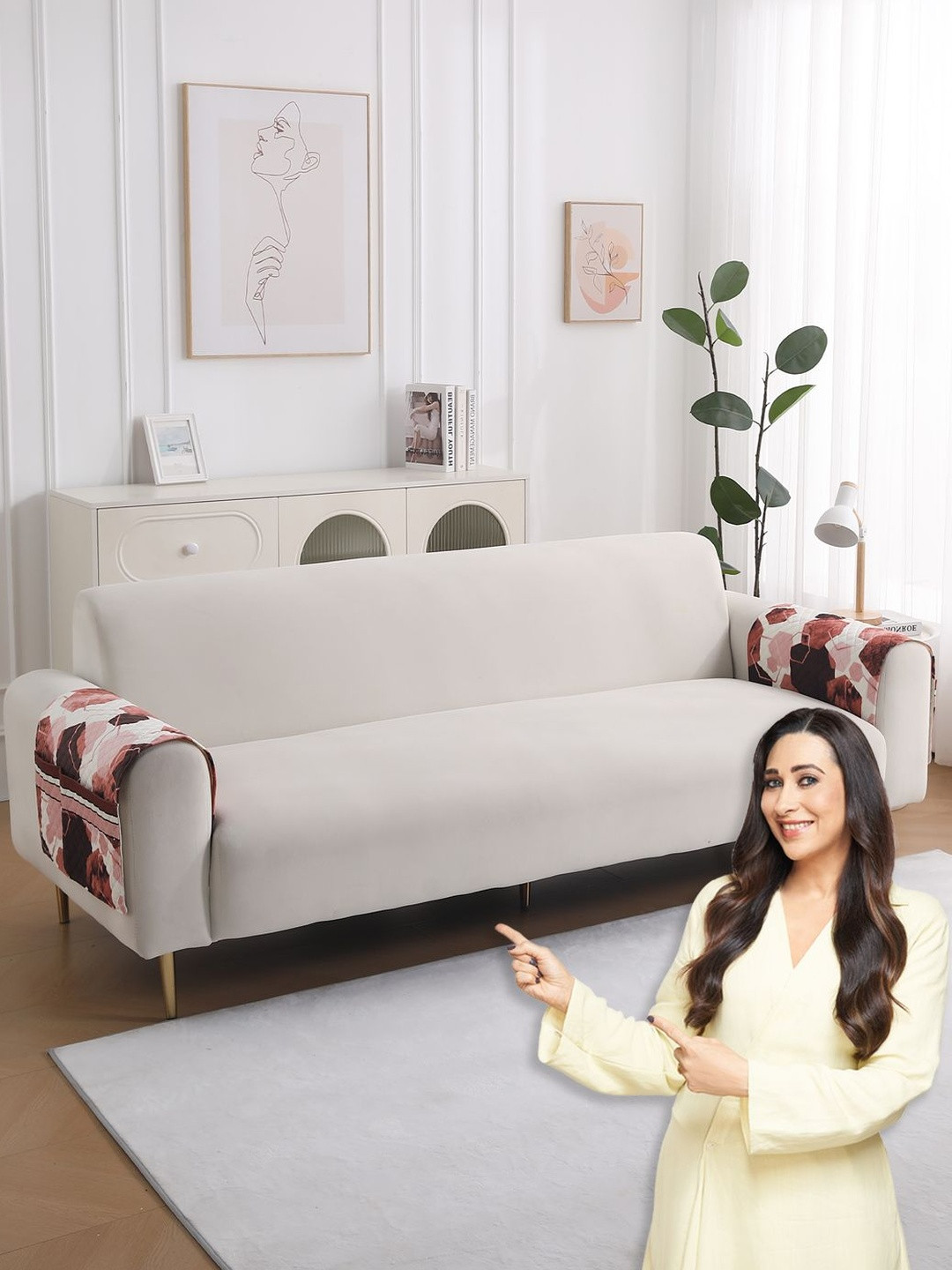HOKIPO LiefNest Red 2 Pcs Printed Holland Velvet Sofa Arm Cover with Foam Filling