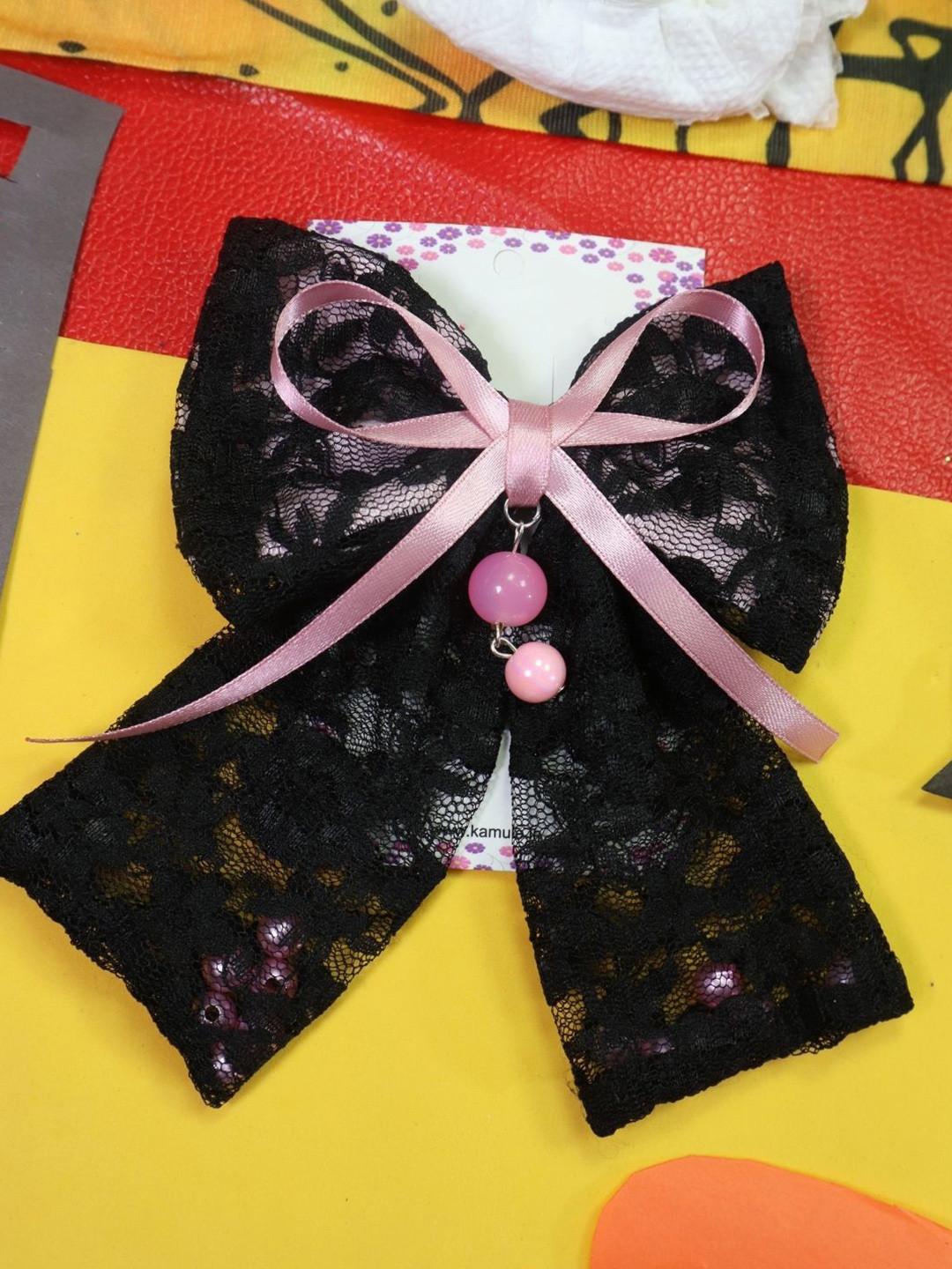 Kamule Girls Lace Ribbon with a Pink Satin Tied Ribbon Beaded Alligator Hair Clip