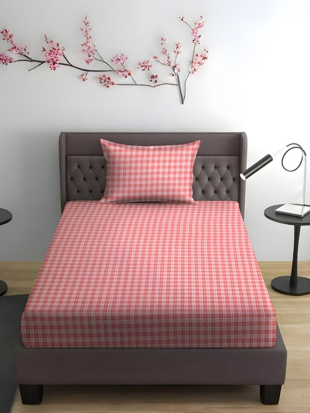 WEAVE AND DECOR Pink & Rose Checked Pure Cotton 300 TC Single Bedsheet Set 2.28 x 1.52 m