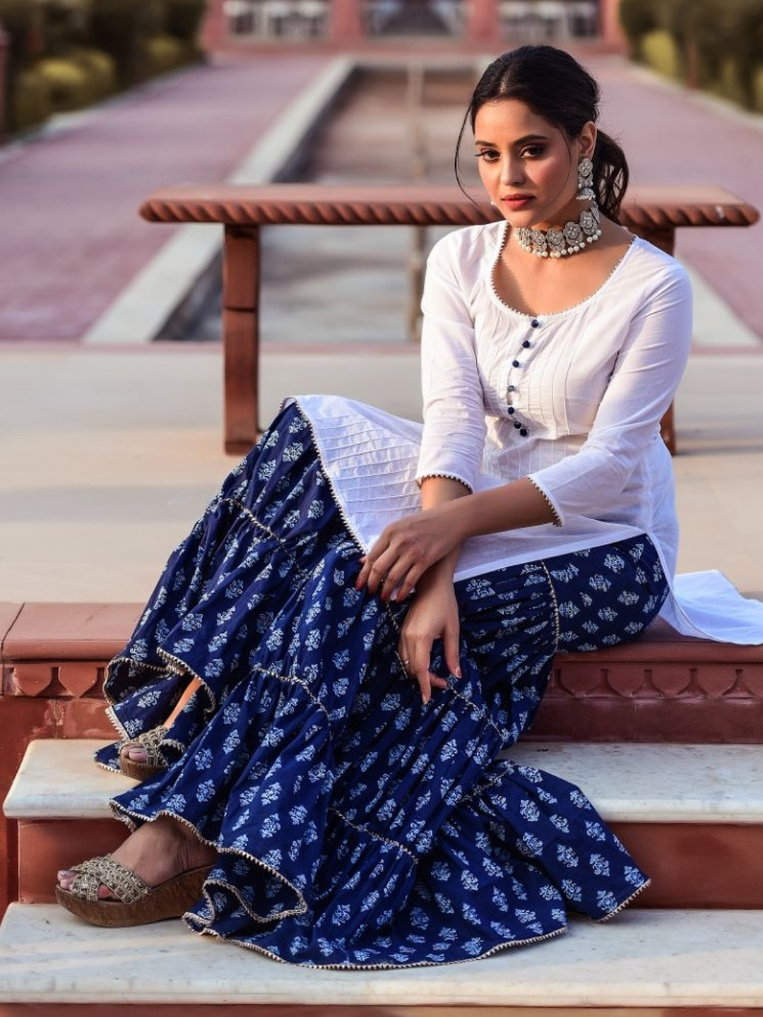 Anastay Clothing White Straight Short Kurta with Tiered Sharara