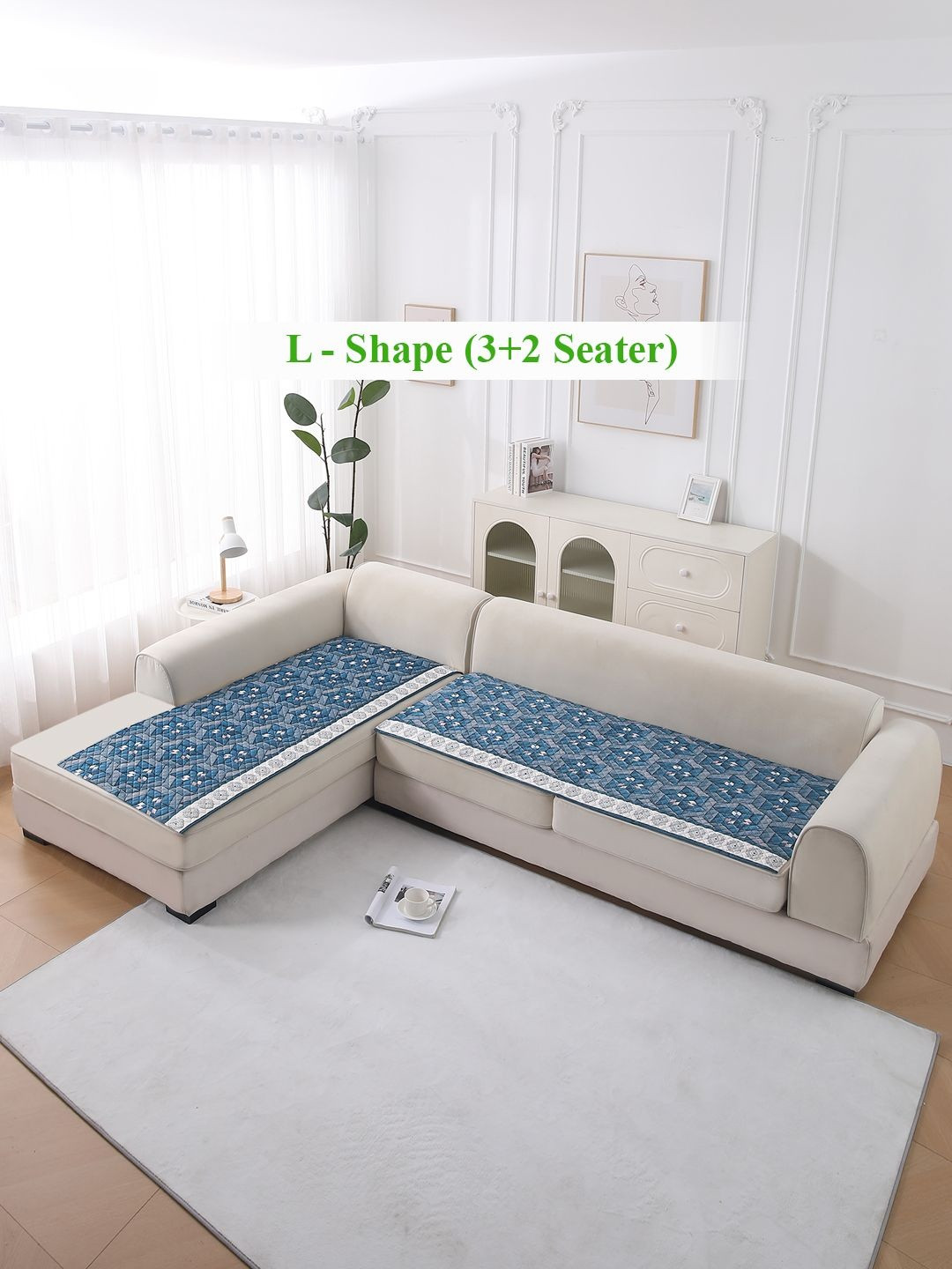 HOKIPO LiefNest  Blue 2Pc Printed Velvet L Shape 5 Seater Sofa Cover Mat with Foam Filling