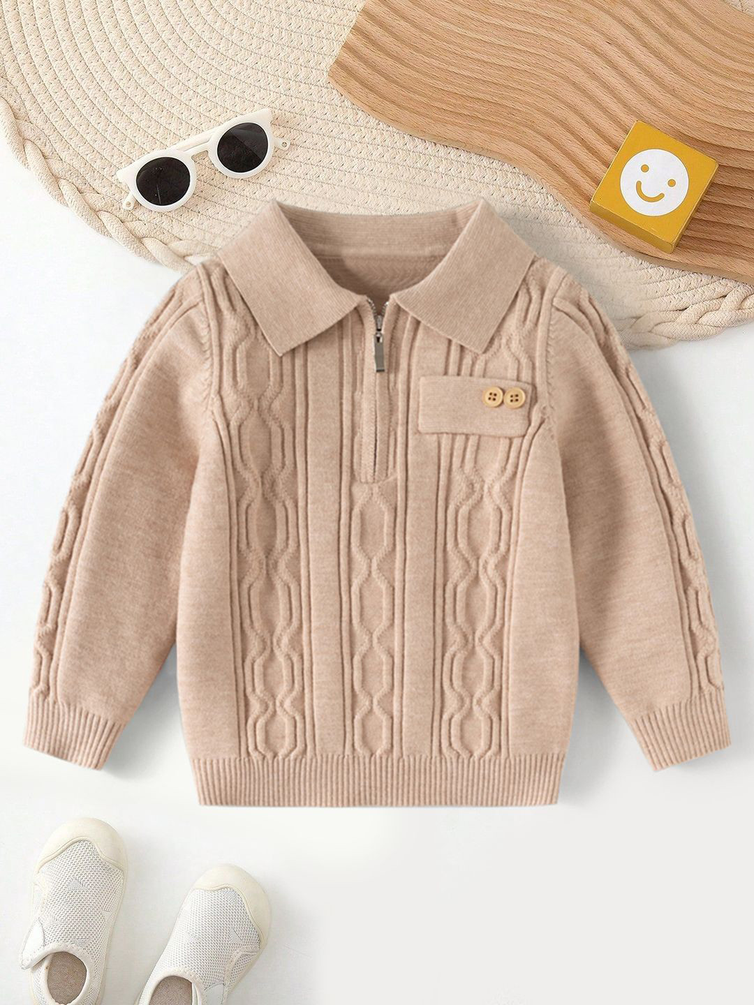 YK Boys Beige Polo Collar Self Design Polyester Pullover