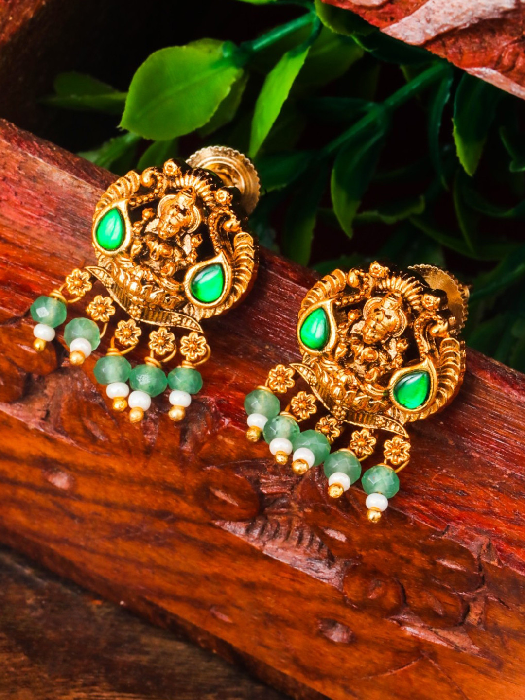South Temple Jewellery Gold-Plated Stones Studded Temple Teardrop Shaped Drop Earrings