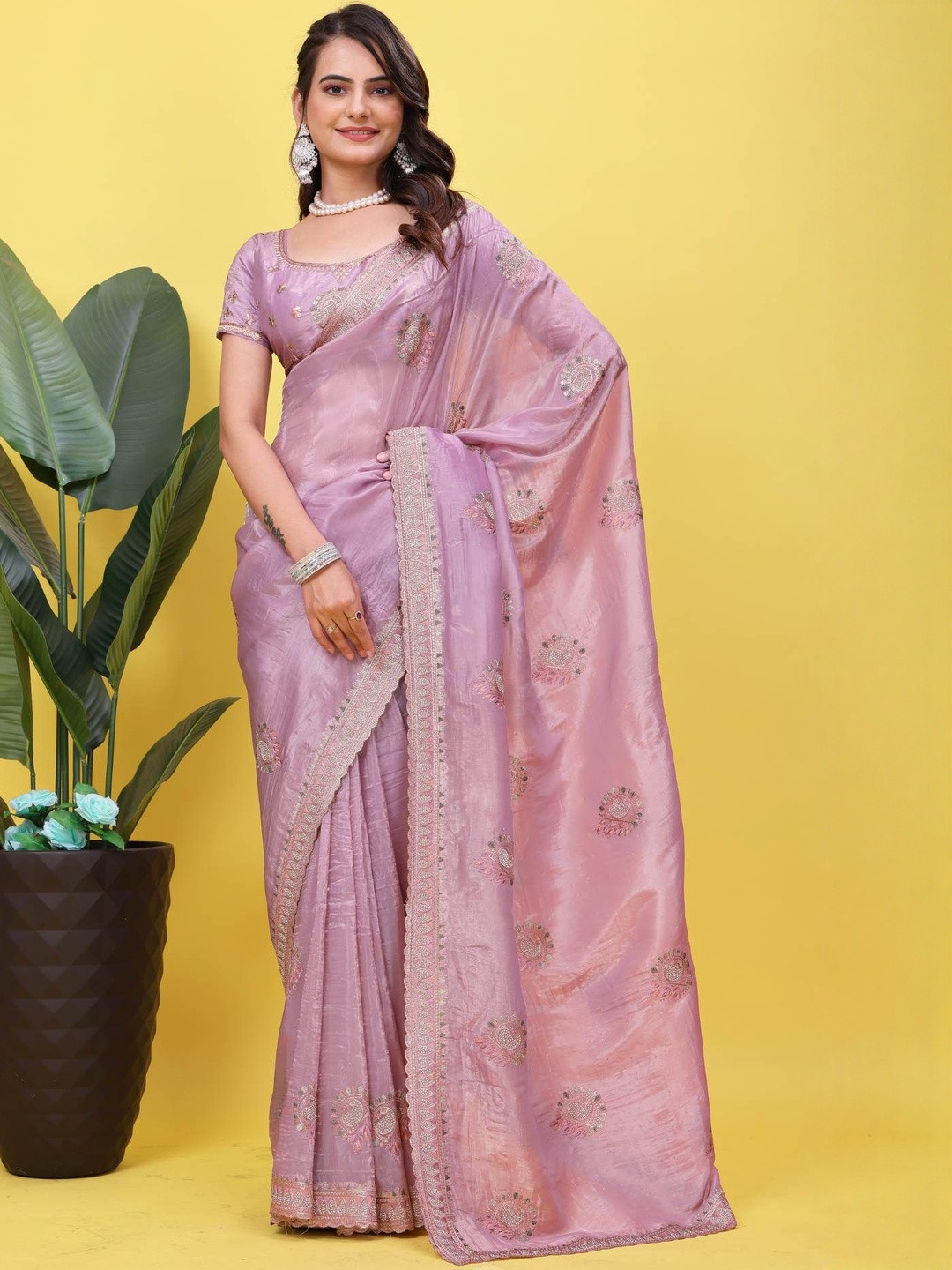 PARROT CREATION Ethnic Motifs Embroidered Satin Heavy Work Saree With Blouse Piece