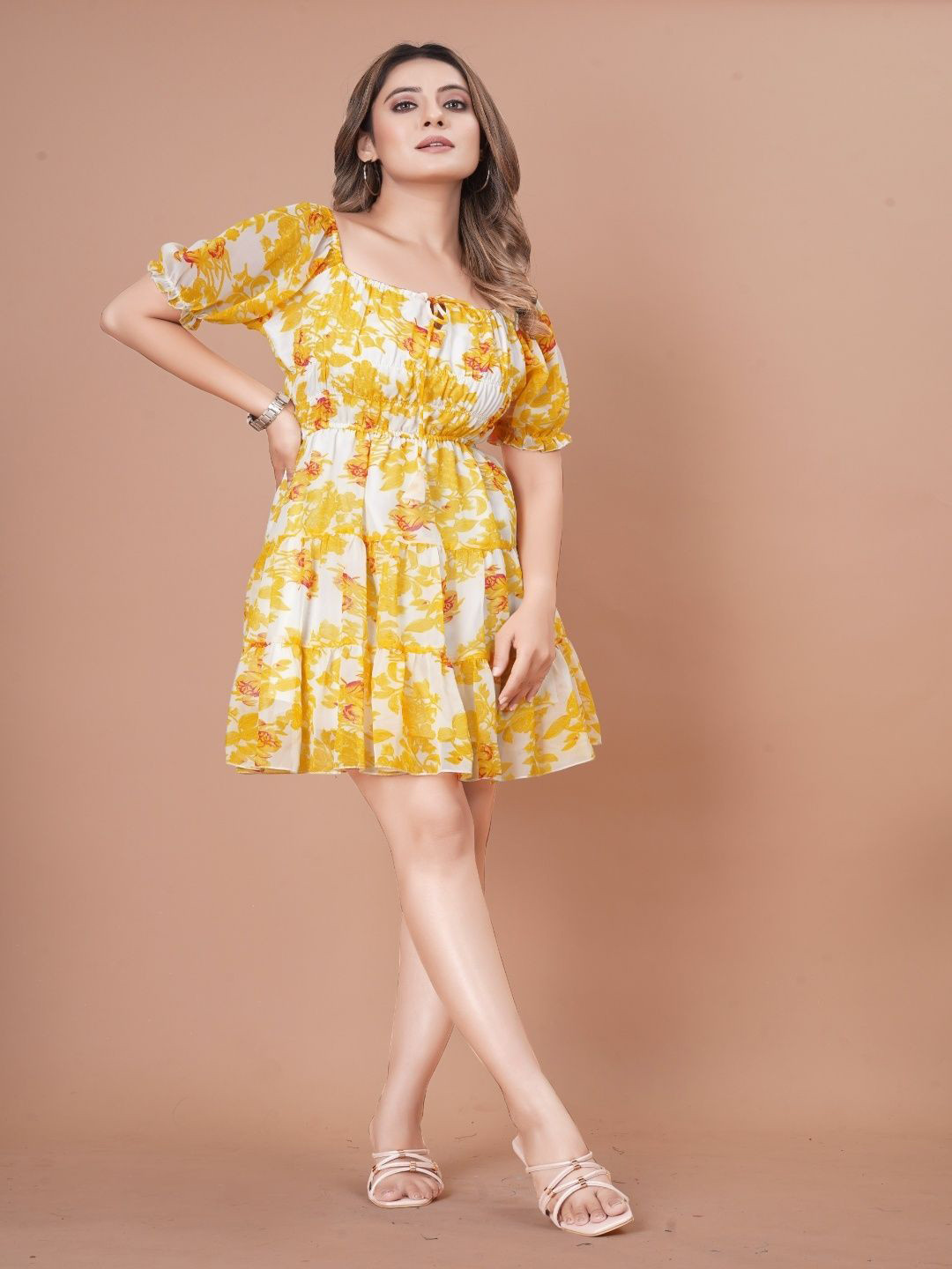 GERMAN GOAT Women Floral Print Puff Sleeve Square Neck Fit & Flare Dress