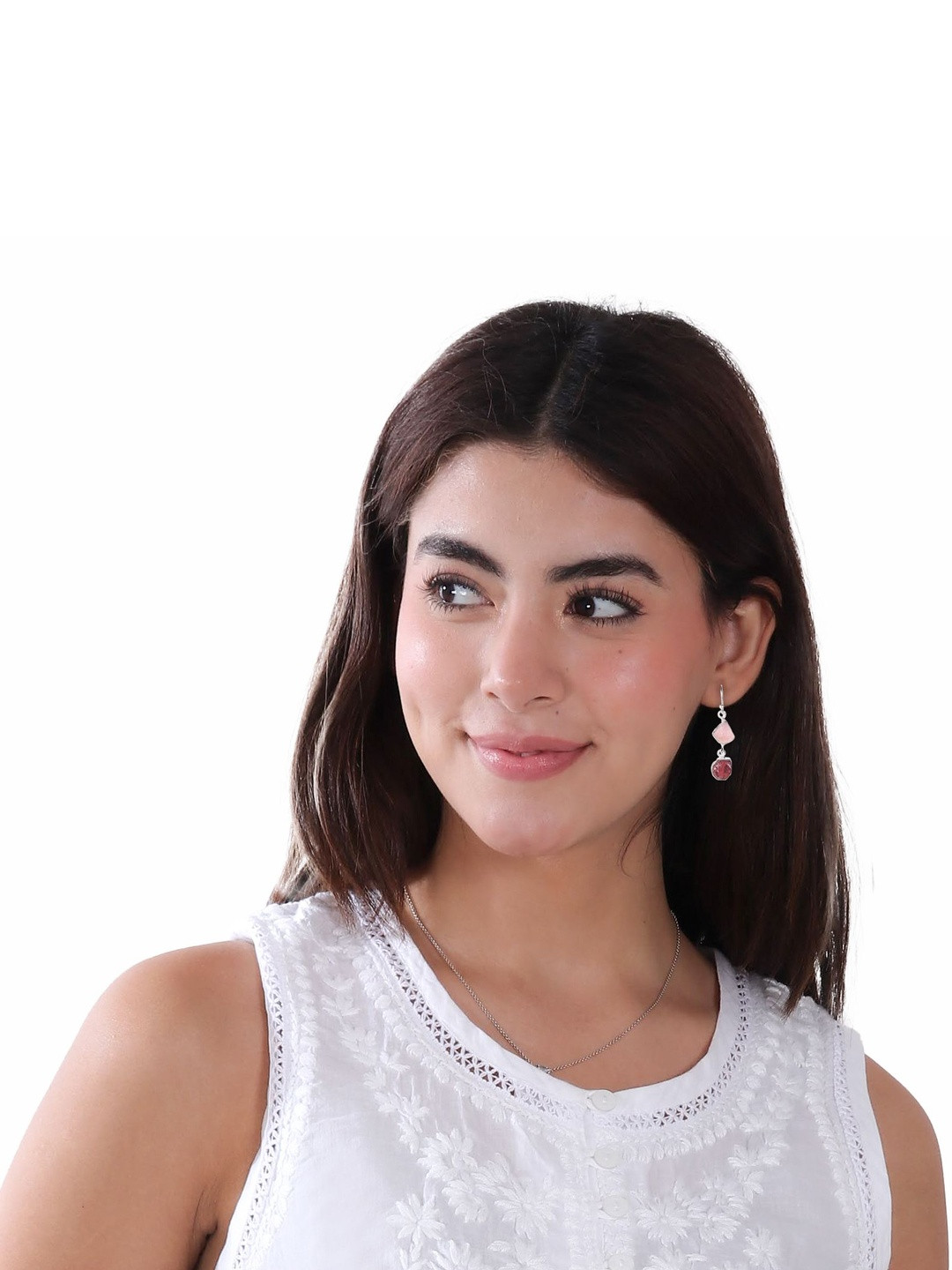 FUSIONARI Women 925 Silver Pink Rose Quartz Geometric Drop Earrings