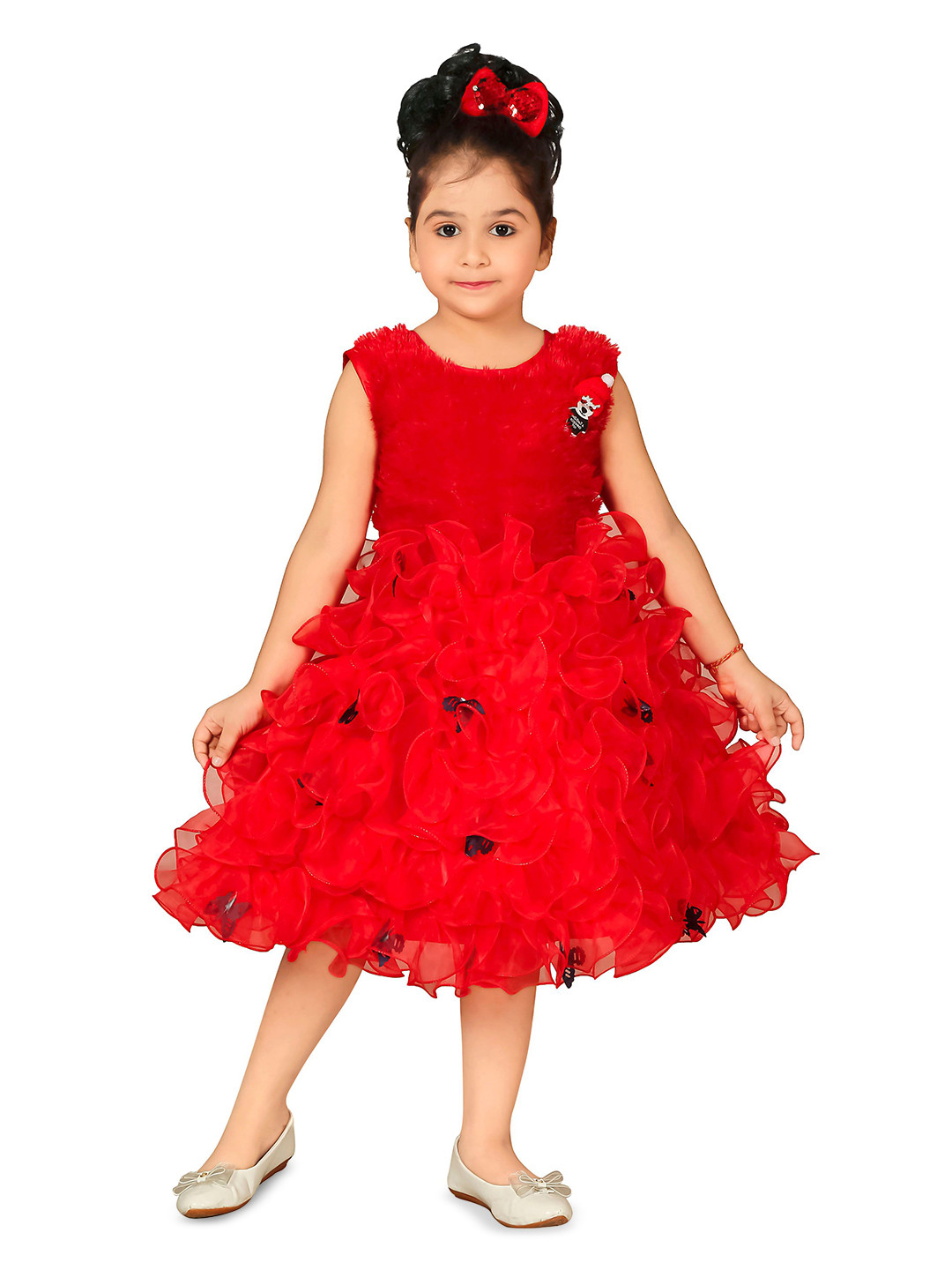 Nickys Disegno Girls Red Velvet Embellished Casual Flare Knee Length Frock Dress