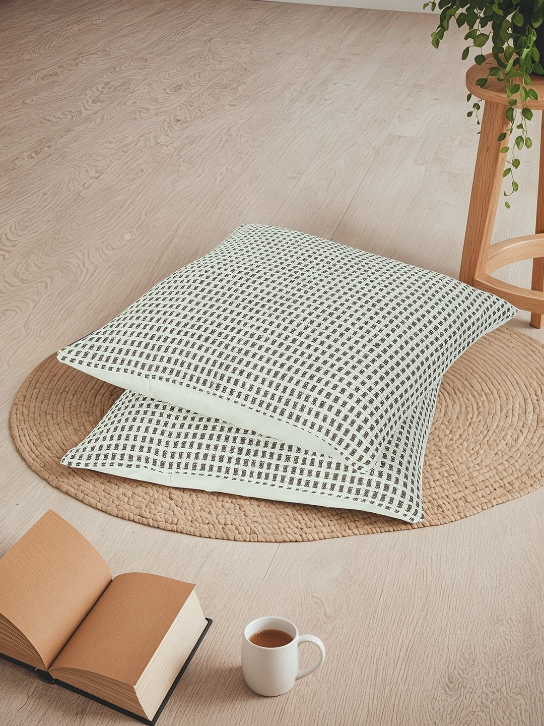 House This Girnar Grey & White 2 Pieces Checked Textured Cotton Square Cushion Covers