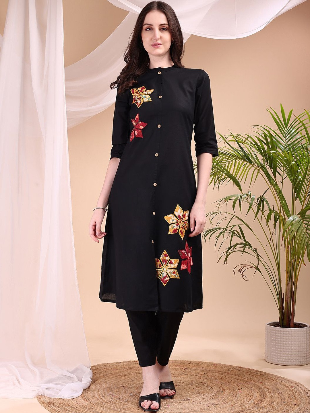 KALINI Floral Printed Mandarin Collar Cotton Straight Kurta With Trousers