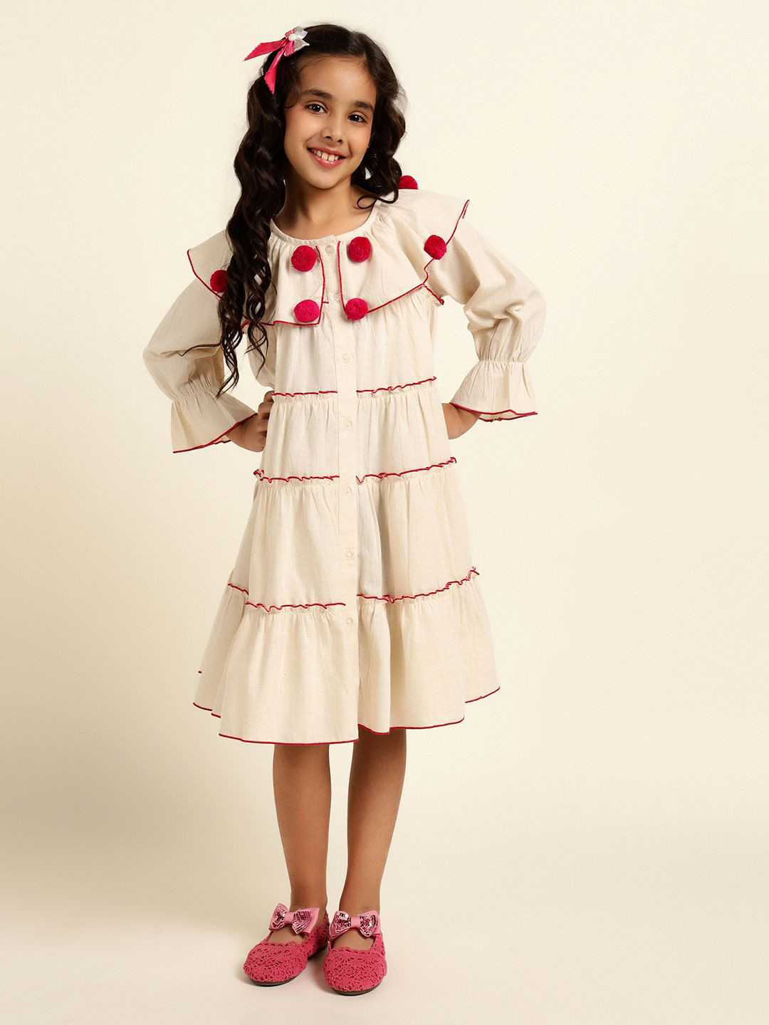 Bugandbees Girls Puff Sleeves Tiered A-Line Midi Dress